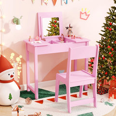 2 in 1 Kids Vanity Table and Chair Set with Flip Top Mirror Hidden Storage-Pink