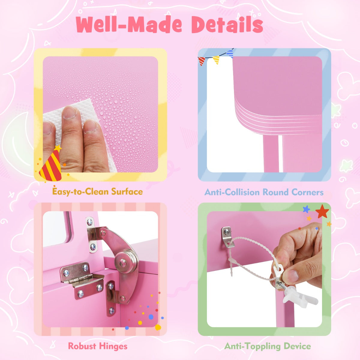 2 in 1 Kids Vanity Table and Chair Set with Flip Top Mirror Hidden Storage-Pink
