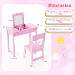 2 in 1 Kids Vanity Table and Chair Set with Flip Top Mirror Hidden Storage-Pink