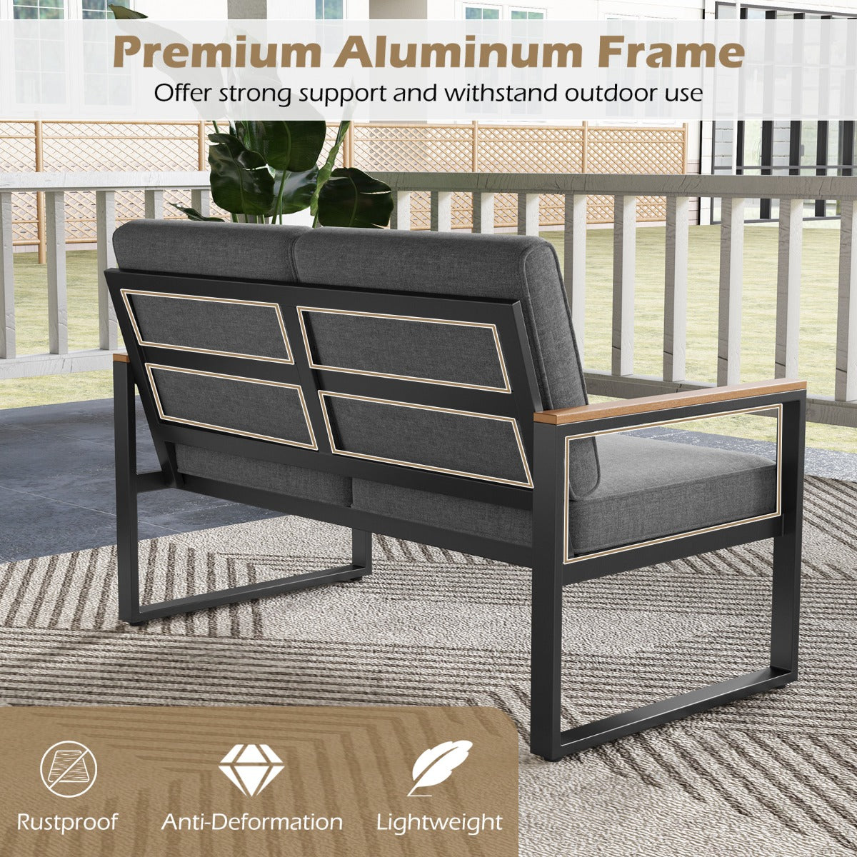 2 Piece Patio Aluminum Furniture Set with Wood-Plastic Armrests and Tabletop-Grey