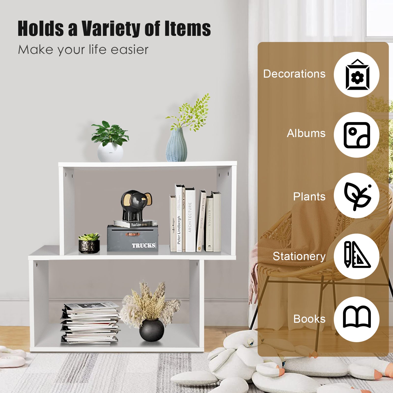 Irregular Wooden Bookshelf with 2 Compartments for Home Office-White