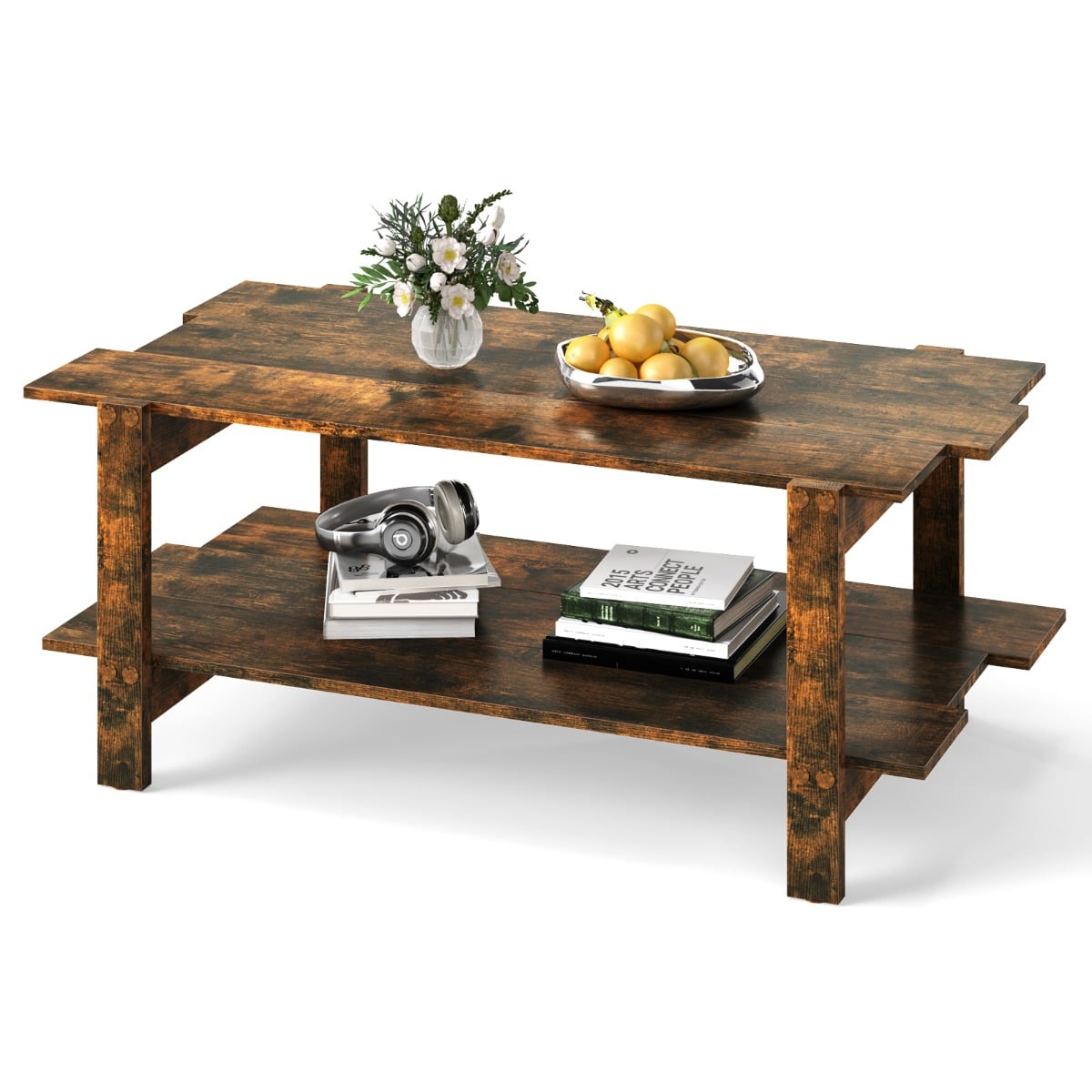 2-Tier Coffee Table with Storage Shelf for Living Room-Walnut