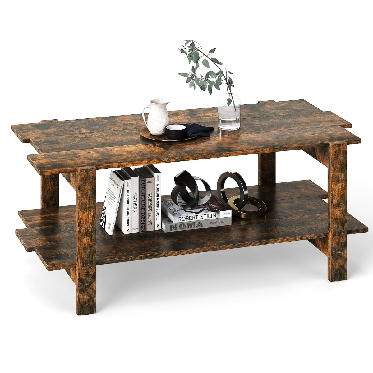 2-Tier Coffee Table with Storage Shelf for Living Room-Walnut