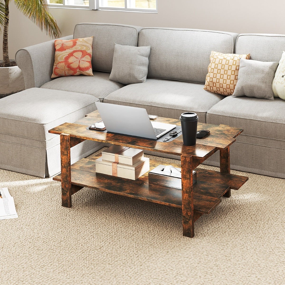 2-Tier Coffee Table with Storage Shelf for Living Room-Walnut