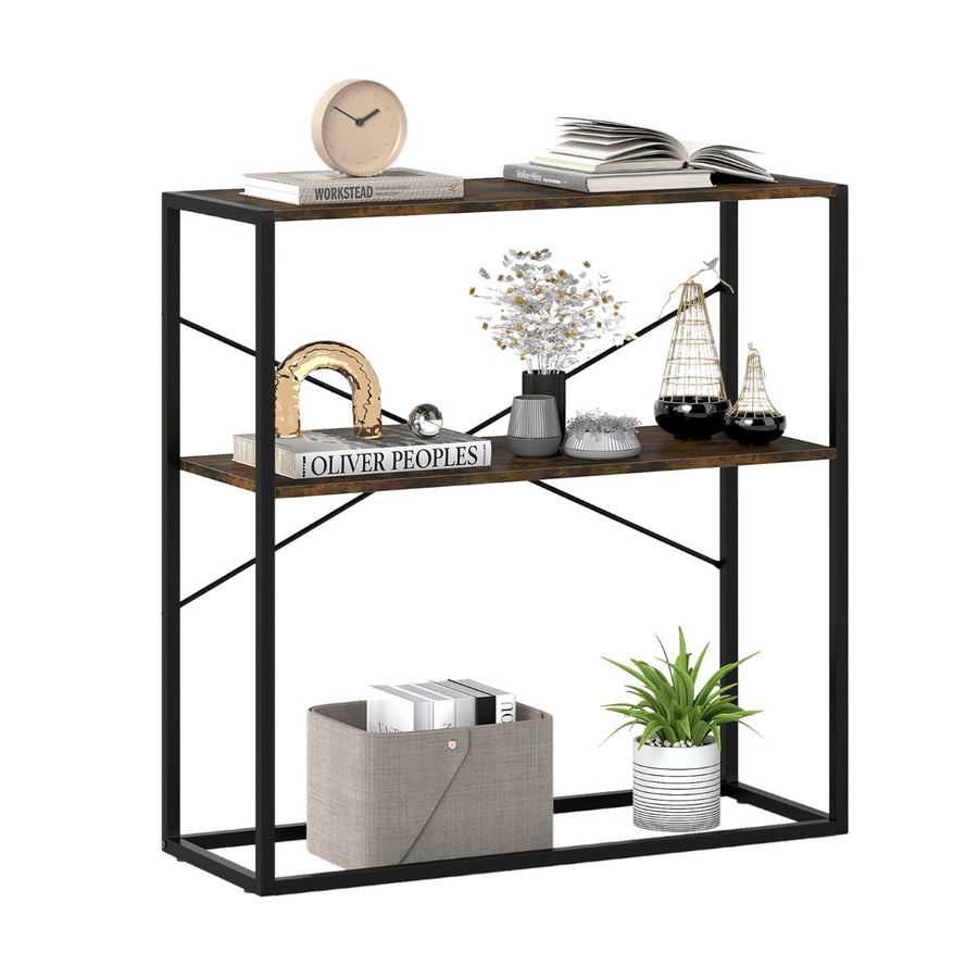 2-Tier Entryway Table with Marble Textured Open Shelves and Metal Frame-Rustic Brown