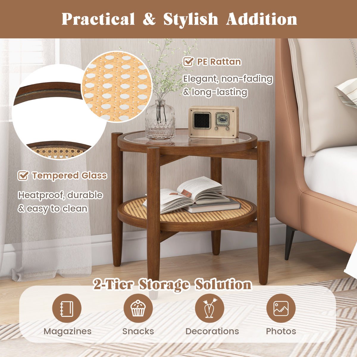 2-Tier Round Side End Table Set of 2 with Tempered Glass Tabletop