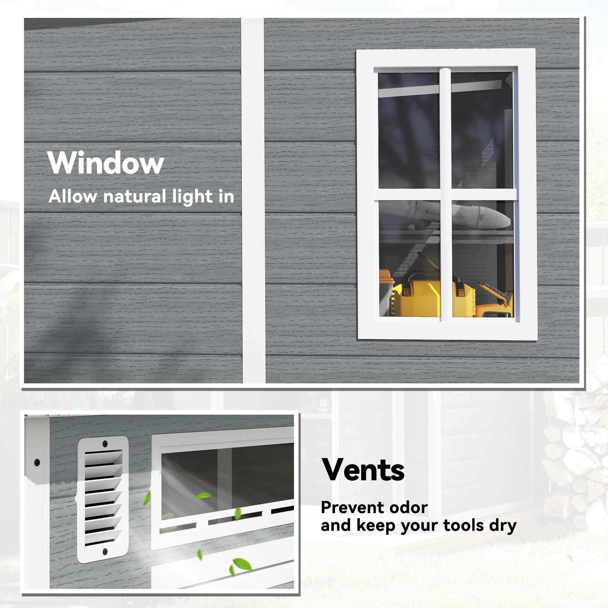 Outsunny 6 x 6 ft Plastic Garden Shed, Wood-Effect Outdoor Storage Shed with Floor, Windows, Lockable Doors and Vents, Grey