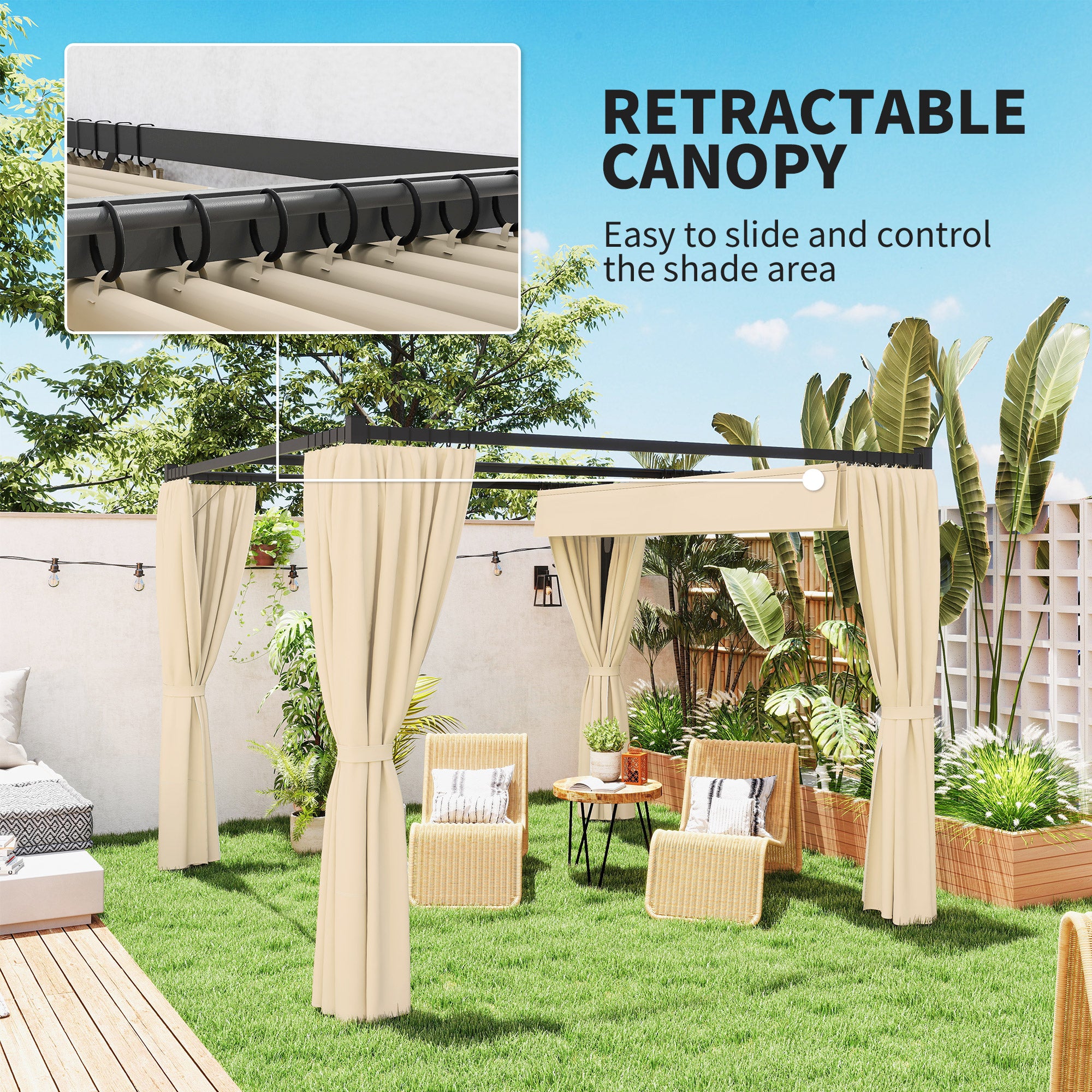 Outsunny 3 x 3m Retractable Roof Pergola, with Curtains - Khaki
