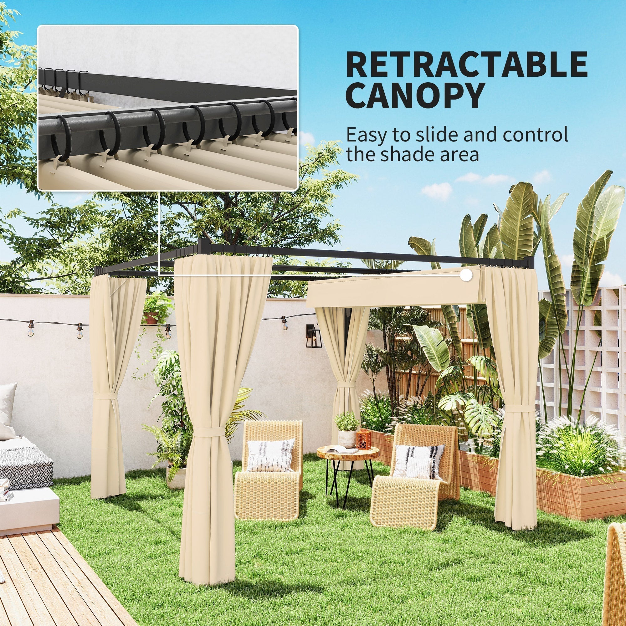 Outsunny 3 x 3m Retractable Roof Pergola, with Curtains - Khaki