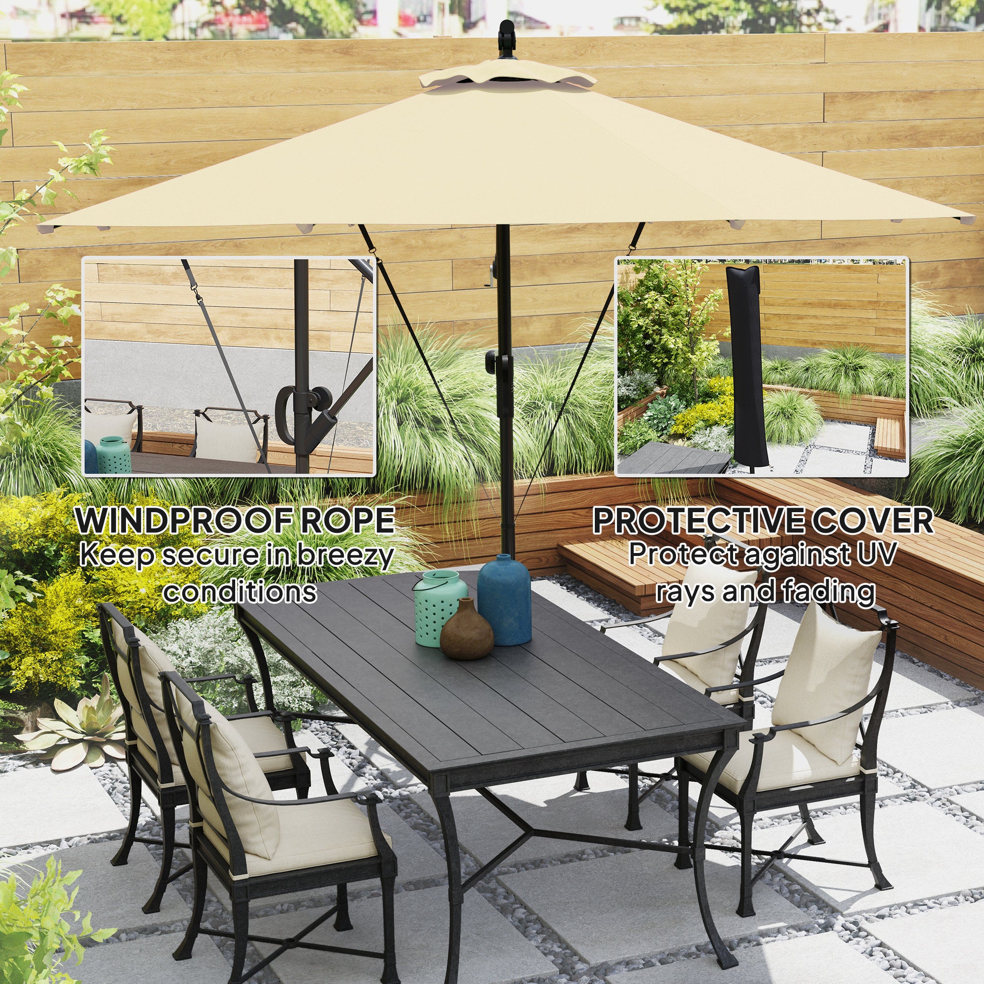Outsunny 3(m) Garden Cantilever Parasol with Cover and Wind Protection Strap, Round Overhanging Umbrella with Crank Handle and Tilt, Banana Patio Umbrella for Outdoor Sun Shade, UPF50+, Khaki