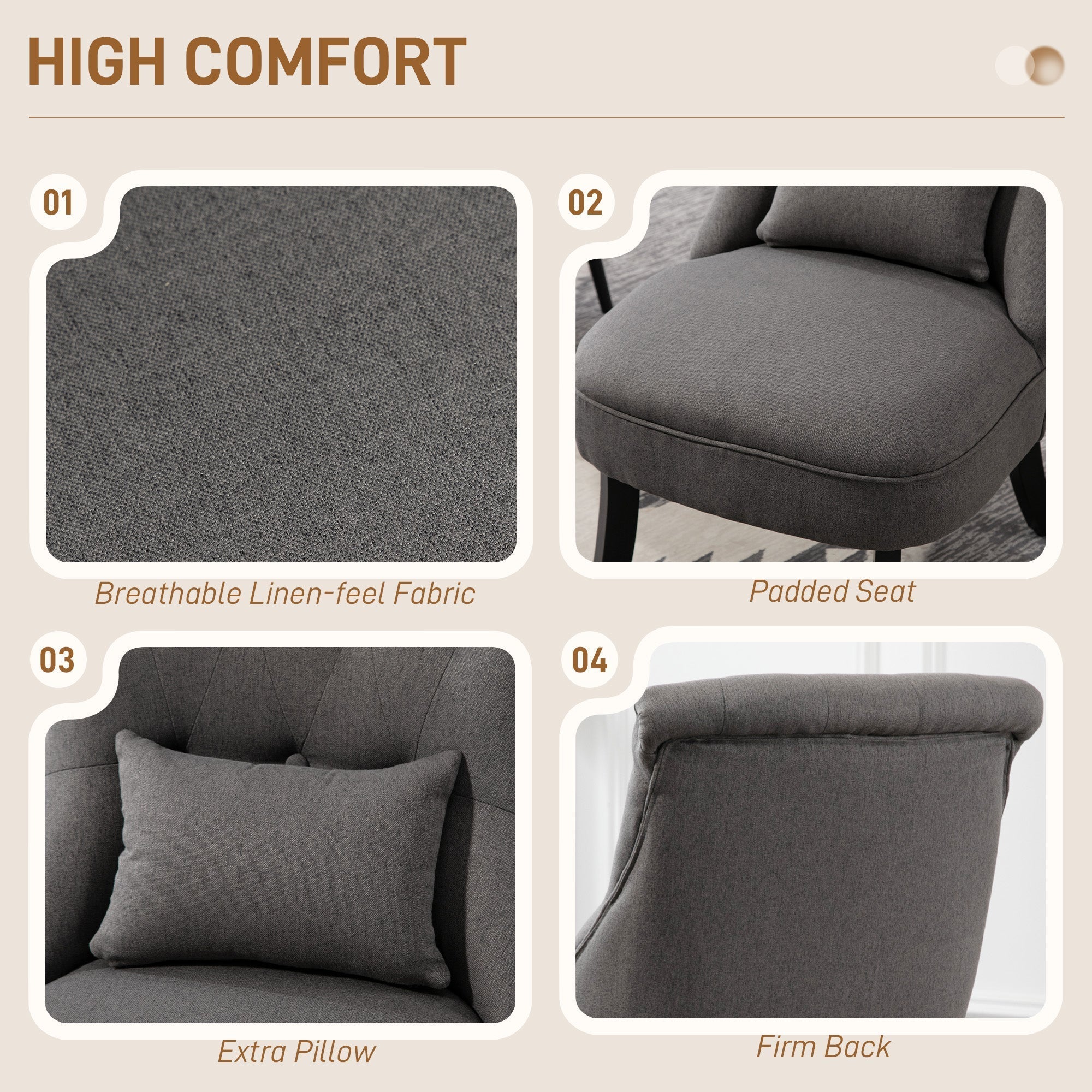 HOMCOM Fabric Single Sofa Dining Chair Tub Chair Upholstered W/ Pillow Solid Wood Leg Home Living Room Furniture Charcoal Grey