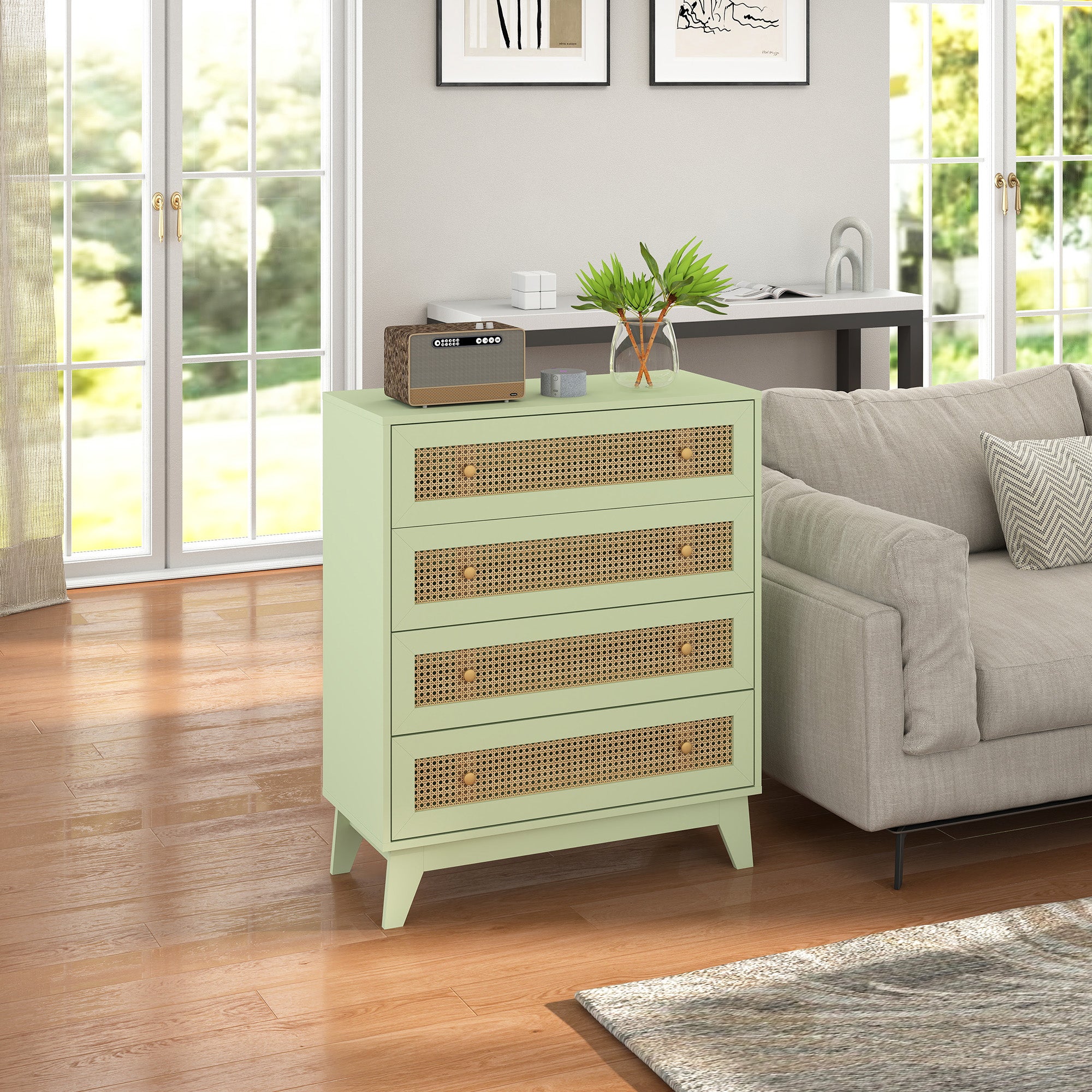HOMCOM Chest of Drawers, 4-Drawer Storage Organiser Unit with Rattan Element for Bedroom, Living Room, Light Green