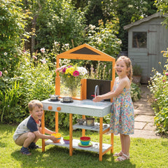 AIYAPLAY Mud Kitchen for Kids, Outdoor Wooden Play Kitchen with Sink, Stove, Cookware, Shelves, Pretend Play Toy for Ages 3-8
