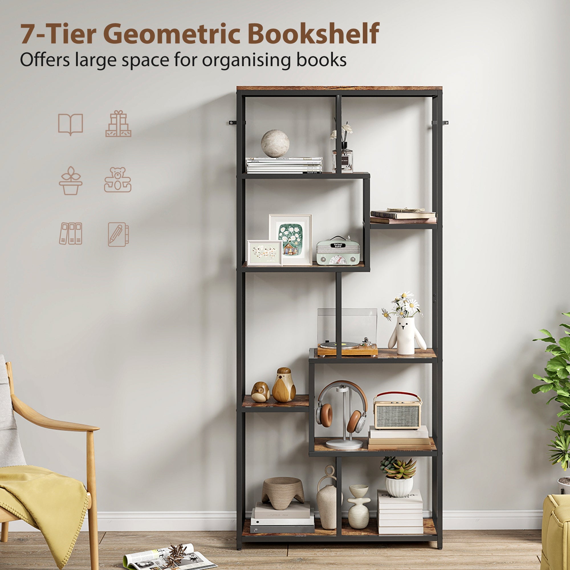 HOMCOM Seven-Tier Geometric Bookcase - Brown/Black