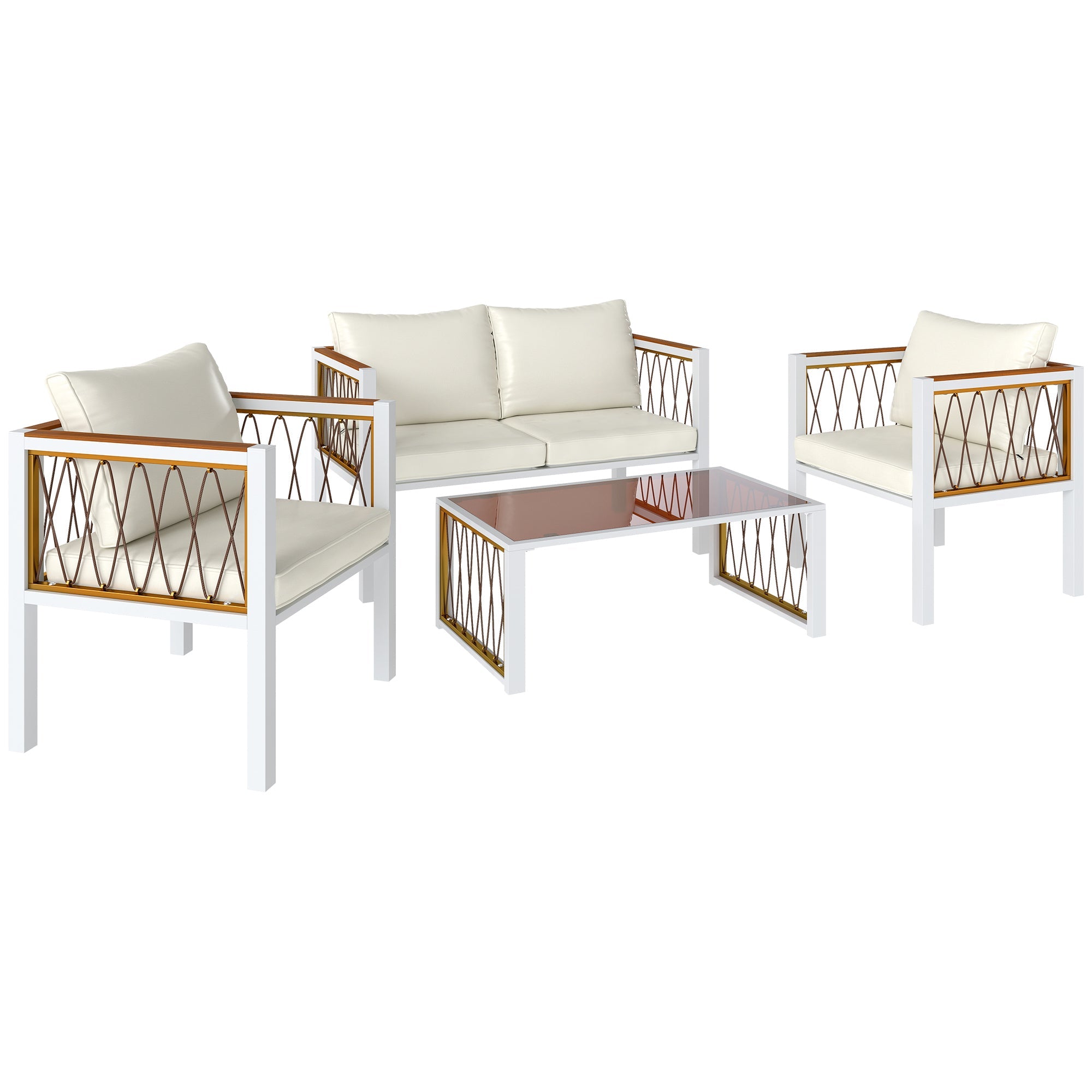 Outsunny 4 Piece Rattan Garden Furniture Set with Loveseat, 2 Armchairs, Table, Metal Frame Patio Conversation Set, Cream White