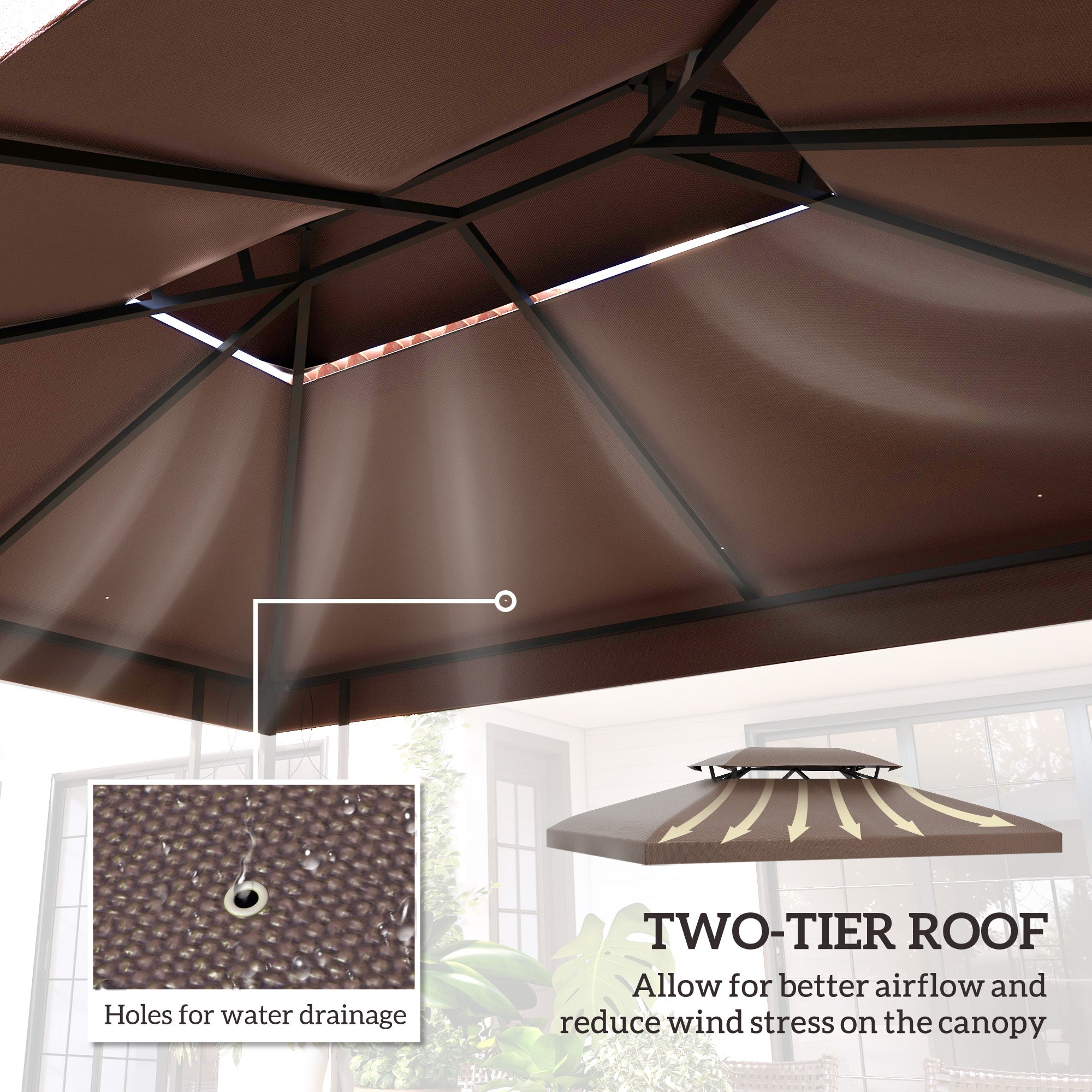 Outsunny 3x4m Gazebo Replacement Roof Canopy 2 Tier Top UV Cover Garden Patio Outdoor Sun Awning Shelters, Brown (TOP COVER ONLY)
