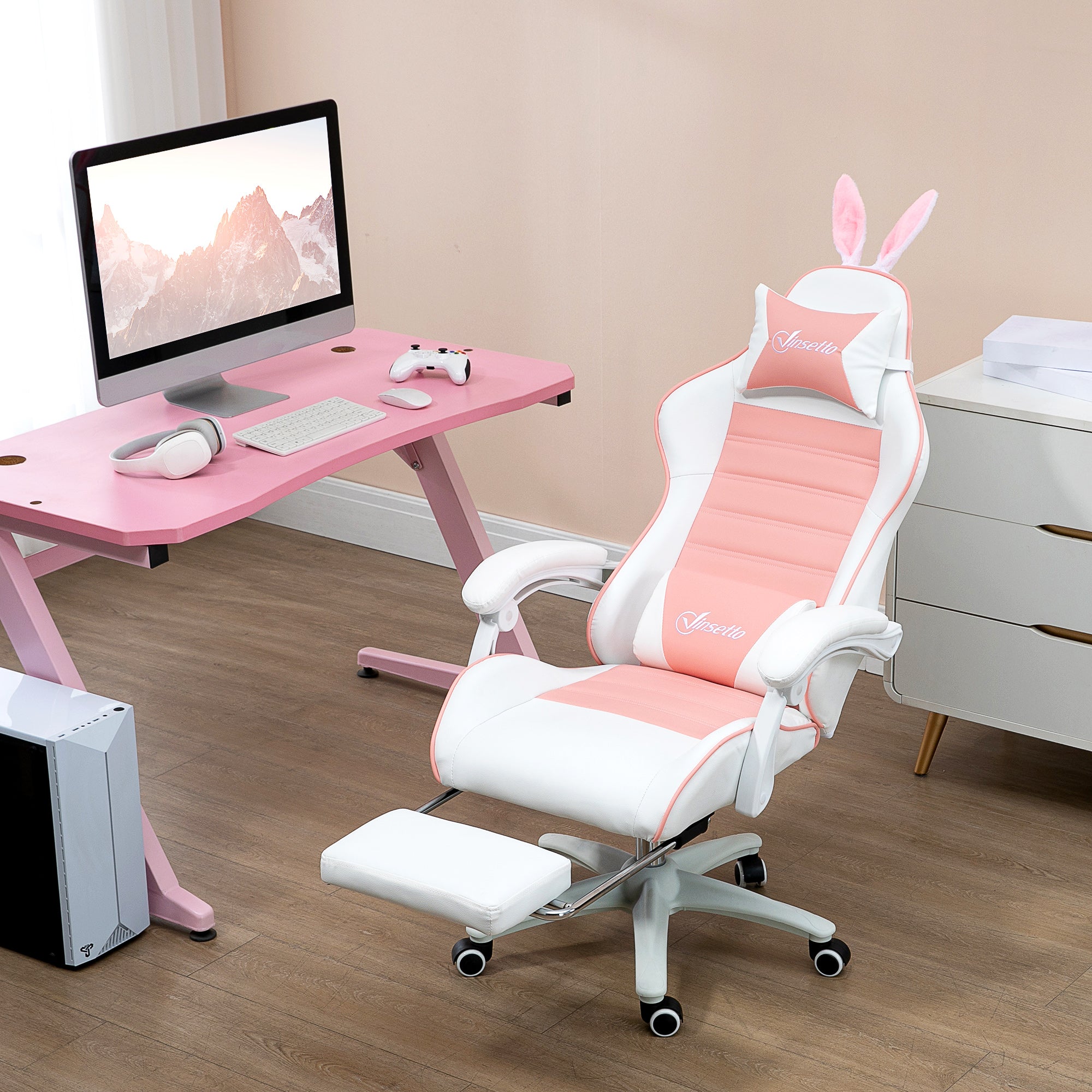 Vinsetto Racing Gaming Chair, Reclining PU Leather Computer Chair with Removable Rabbit Ears, Footrest, Headrest and Lumber Support, Pink