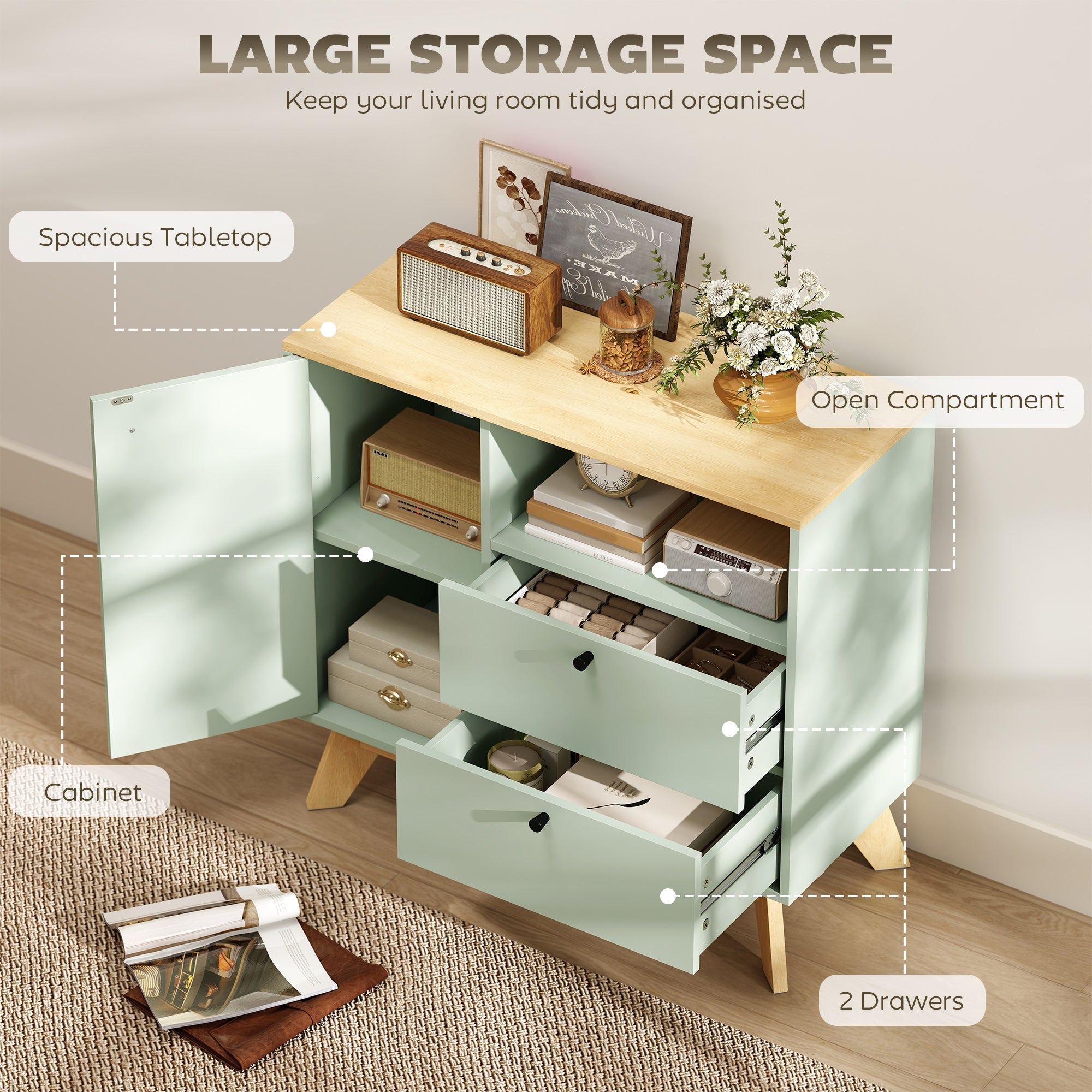 HOMCOM Sideboard Storage Cabinet, 80 cm Buffet Cabinet with 2 Drawers, Open Compartment, Adjustable Shelf, Light Green and Oak