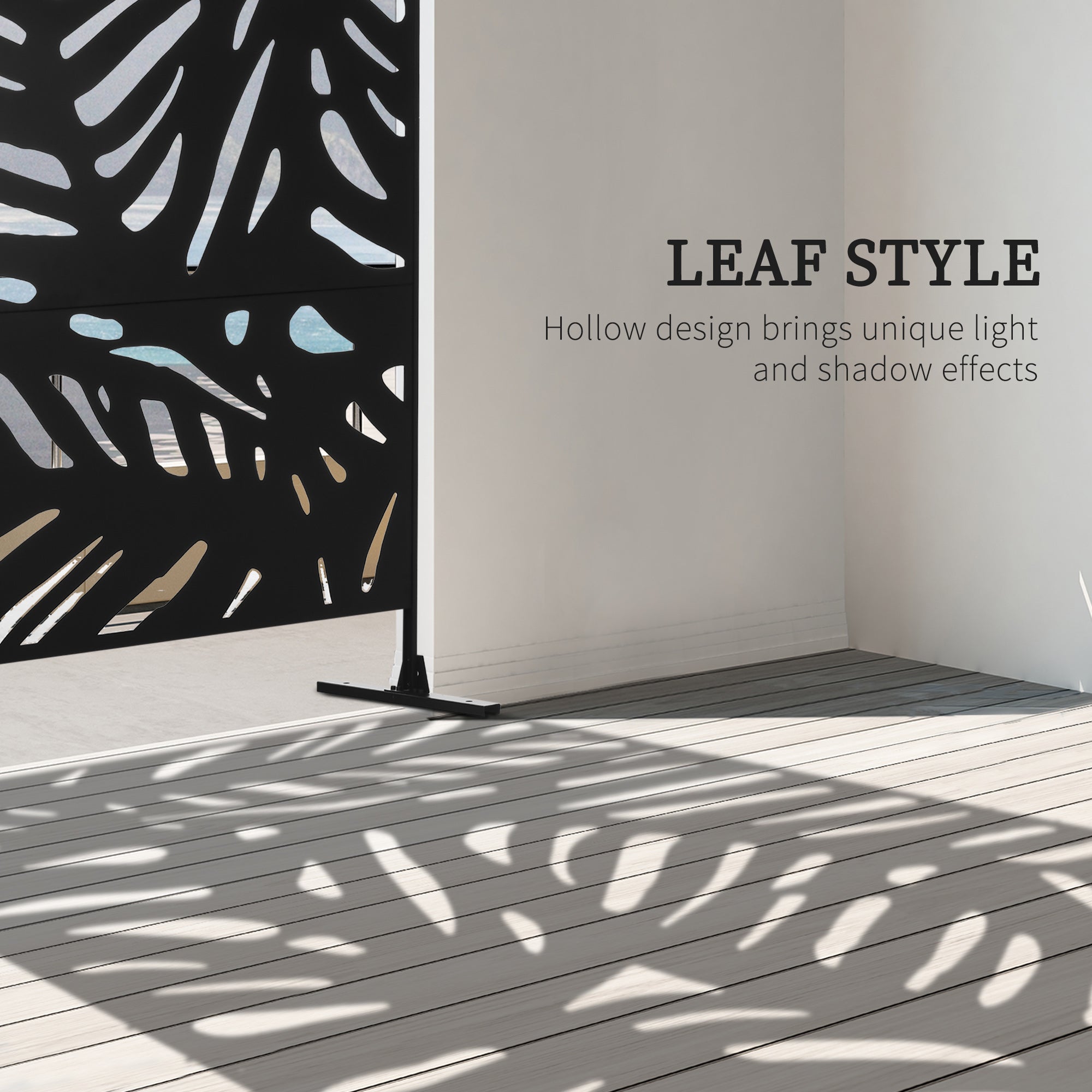 Outsunny Decorative Garden Privacy Screen with Stand, 6.5FT Freestanding Metal Outdoor Divider, Decorative Privacy Panel with Expansion Screws for Garden Pool Hot Tub, Large Leaves Style, Black