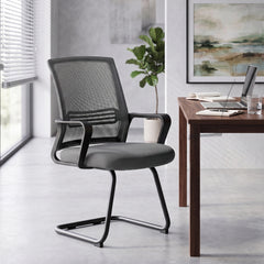 HOMCOM Padded Meeting Office Chair, Ergonomic Desk Chair No Wheels with Sled Base for Bedroom, Waiting, Reception, Dark Grey
