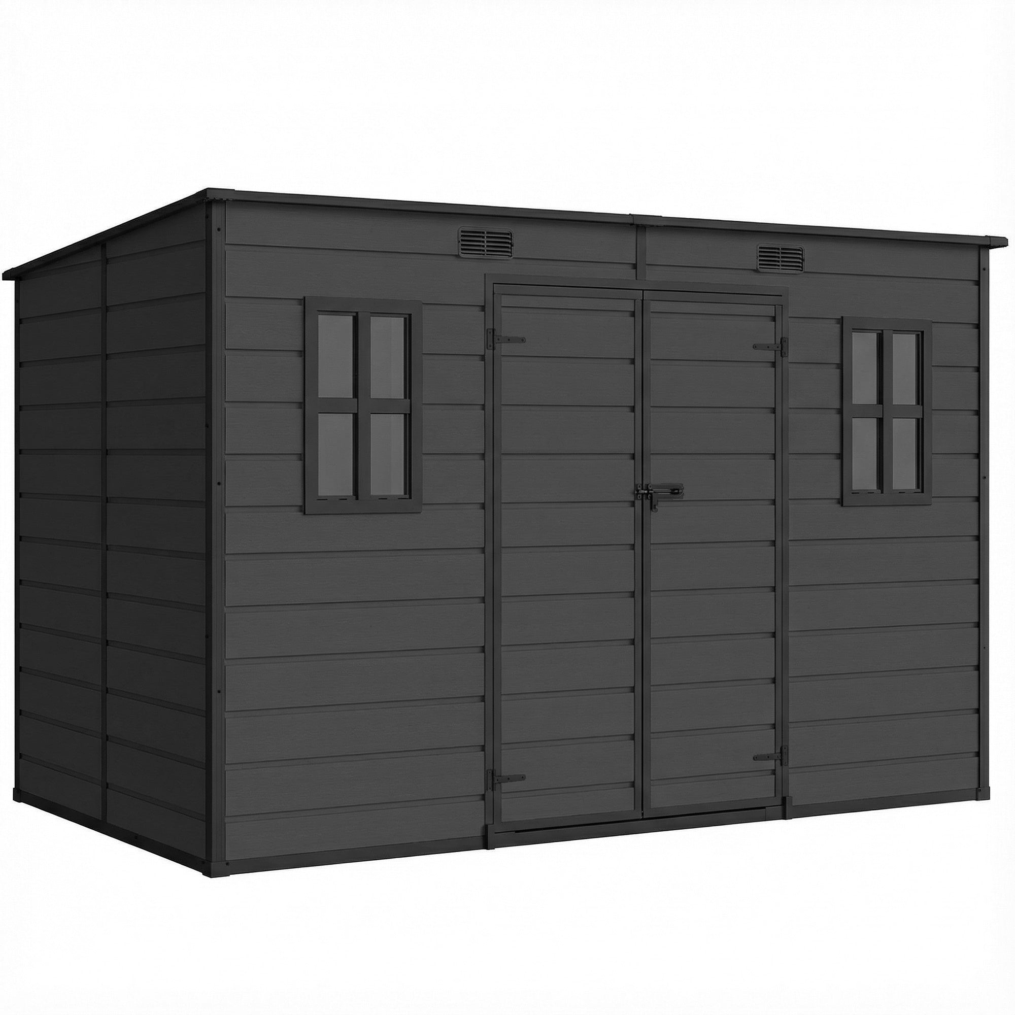 Outsunny 10 x 6 ft Resin Garden Shed, Outdoor Storage Shed with Floor, Windows, Lockable Doors and Vents, Dark Grey