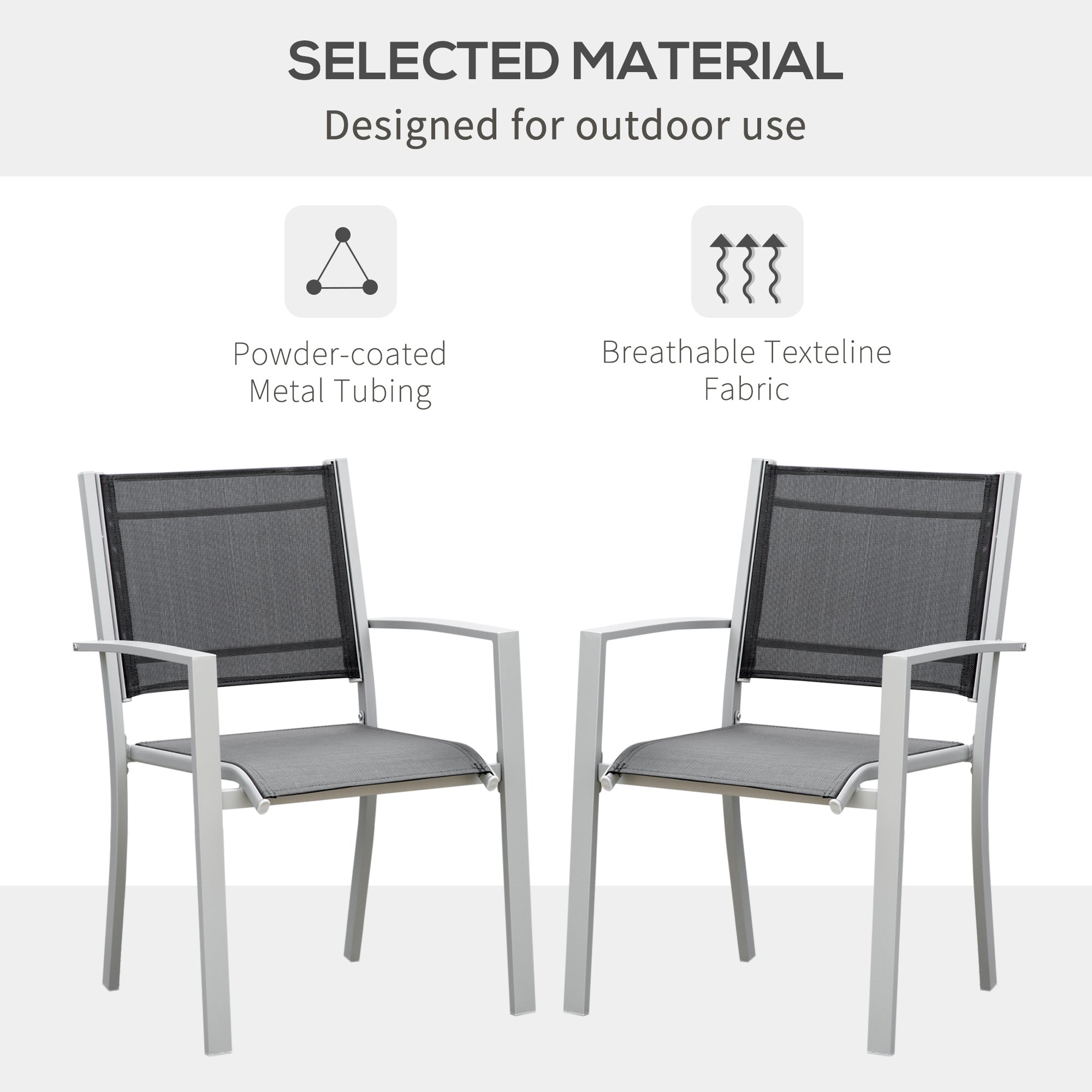 Outsunny Garden Chairs Set Of 2 Outdoor Chairs with Steel Frame Texteline Seats for Dining Patio Balcony Grey and Black
