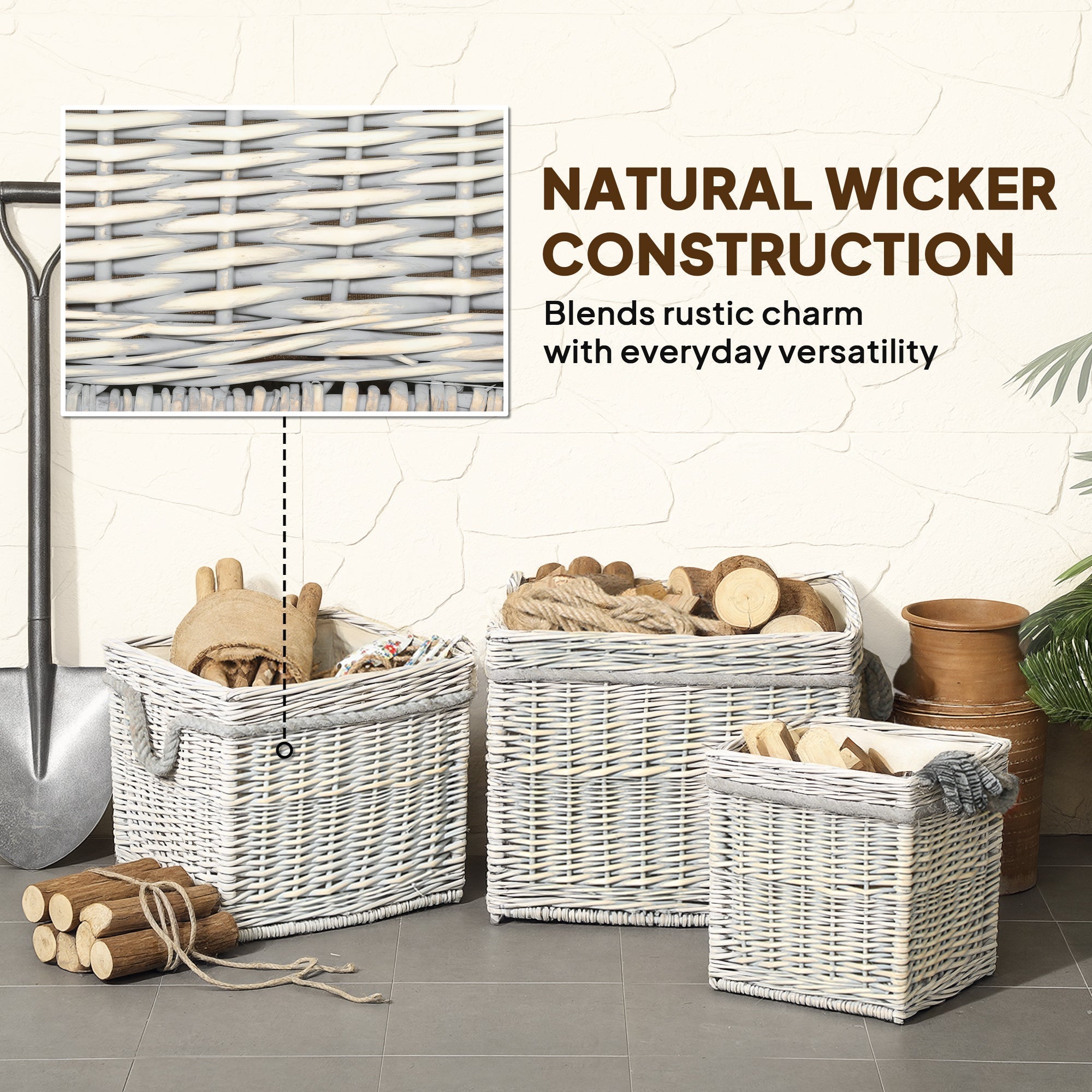 Outsunny Set of 3 Log Baskets for Wood Burner Indoor, Round Storage Basket with Lining and Rope Handles for Fireside Storage, Blankets, Beige