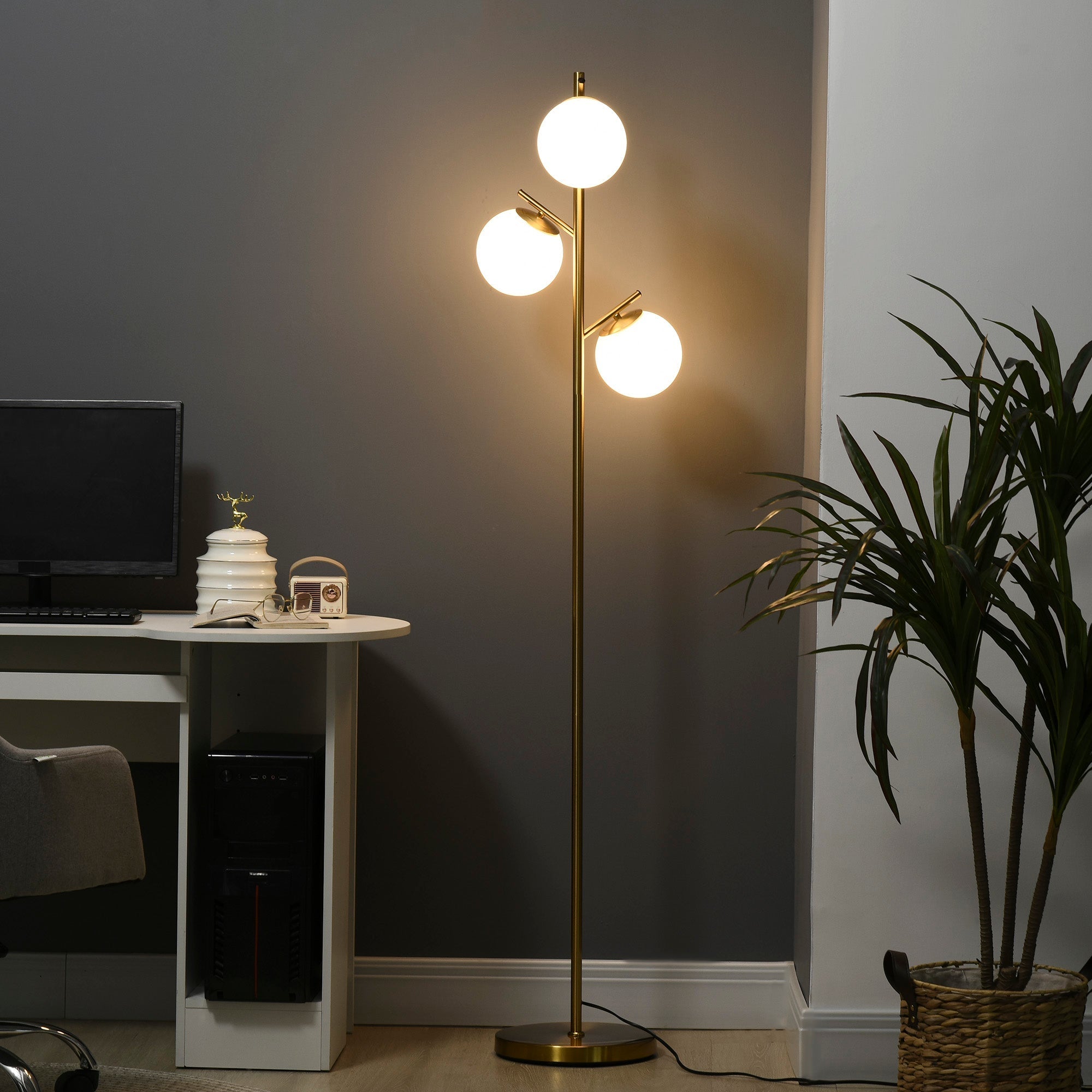 HOMCOM 3-Light Tree Floor Lamps for Living Room, Modern Standing Lamp for Bedroom with Globe Lampshade, 3000K/4000K/6000K Colour Temperatures, Steel Base, Gold Tone