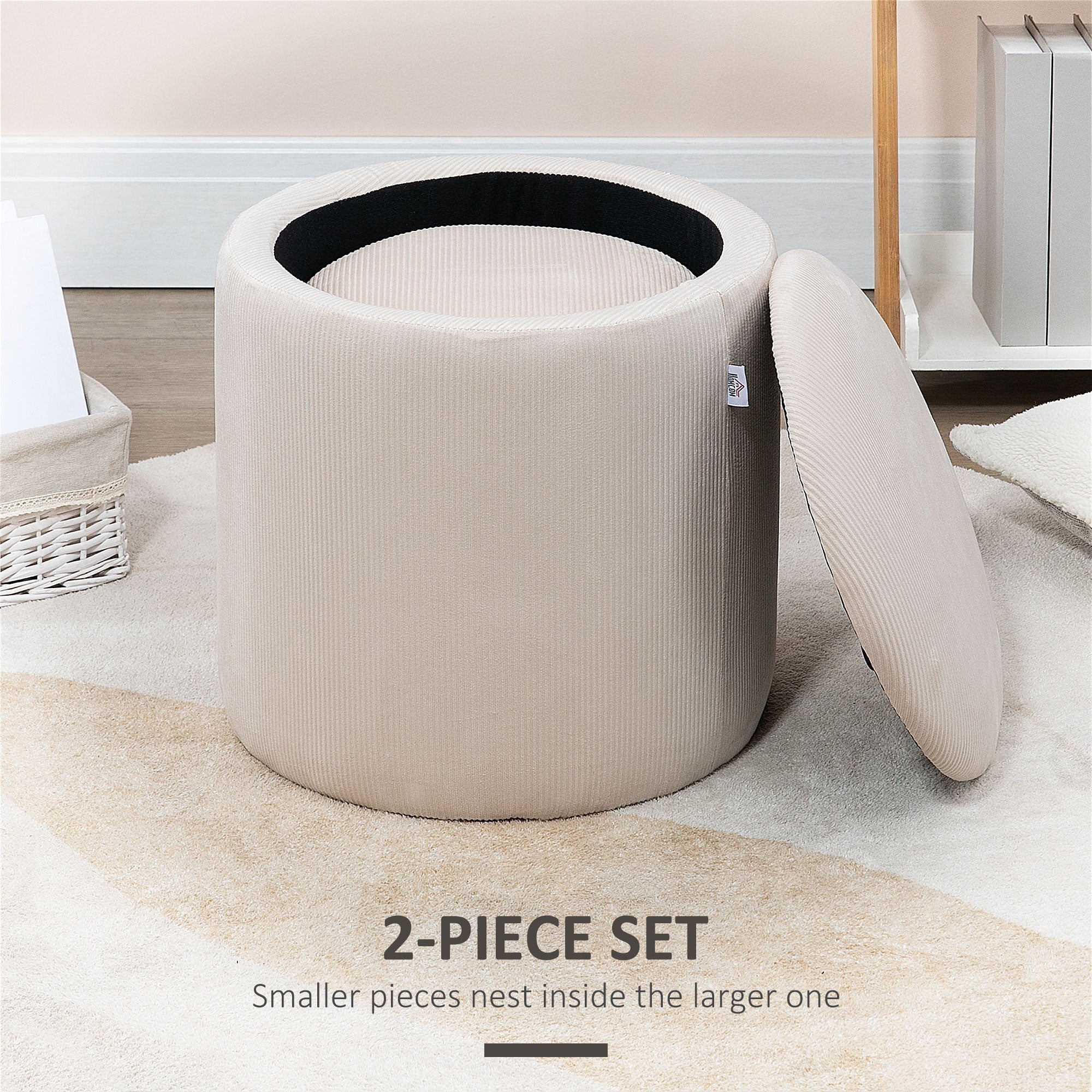 HOMCOM Set of 2 Round Ottoman with Storage, Fabric Vanity Stool for Makeup, Footrest Stool with Removable Lid for Living Room & Bedroom, Cream White
