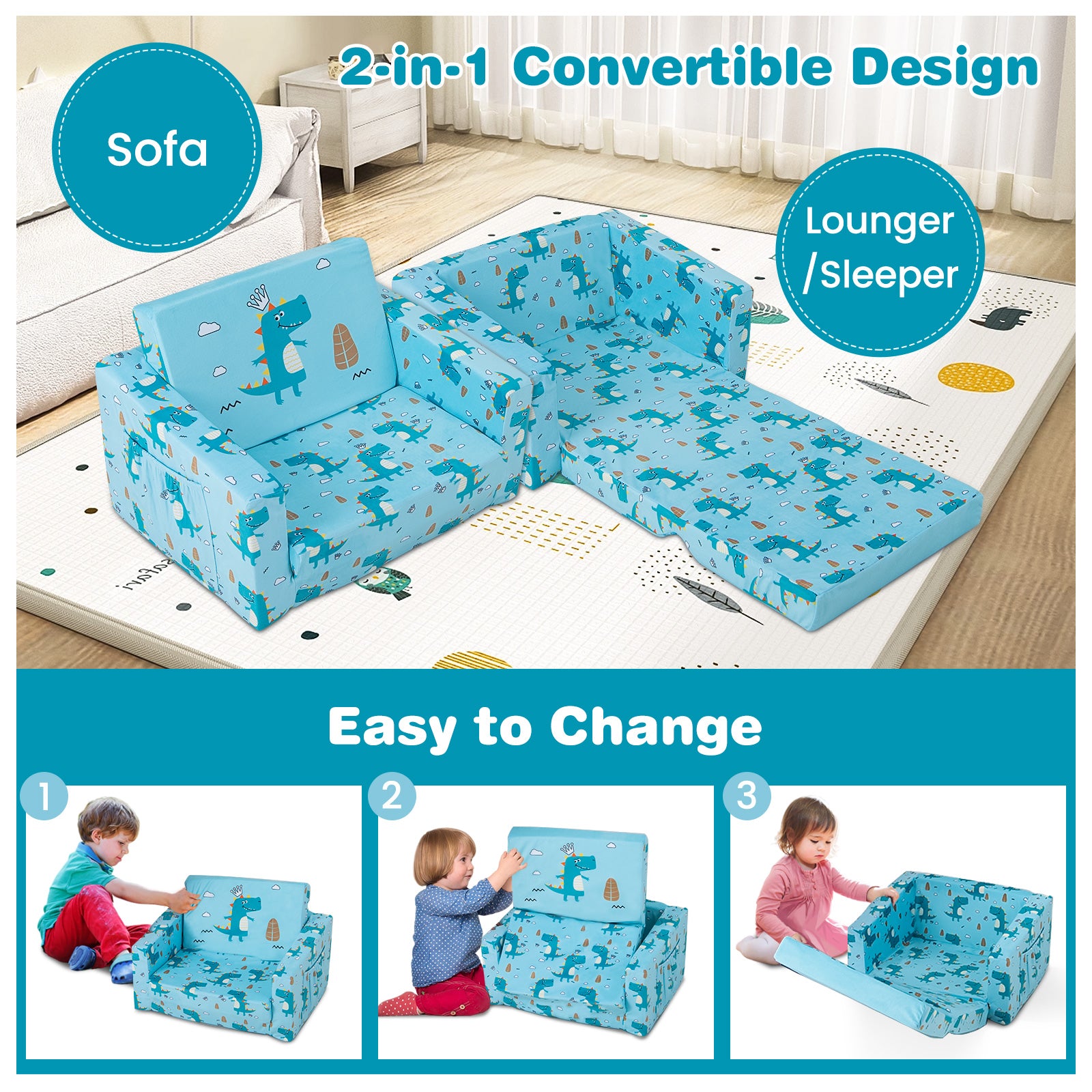 2-in-1 Toddler Fold-Out Couch Convertible Sofa with Side Pockets-Blue