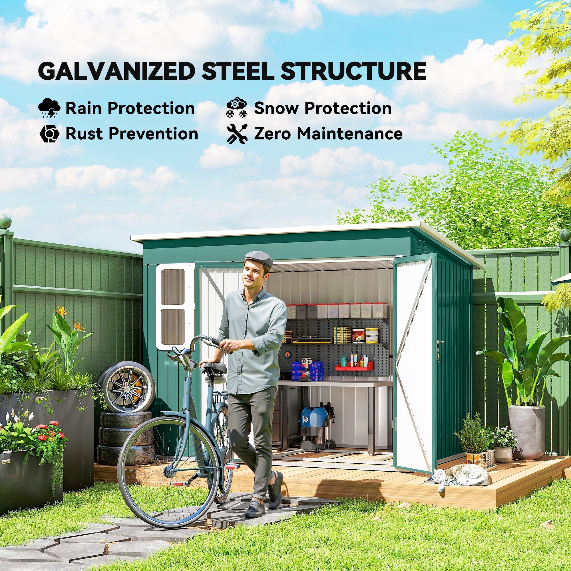 Outsunny 8.5 x 6ft Storage Shed Galvanised Steel Garden Shed, Metal Shed with Foundation Kit, Window, Lockable Wide Doors and Air Vents for Outdoor Patio, Green