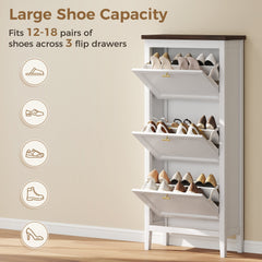HOMCOM Shoe Cabinet with 3 Flip Drawers, Farmhouse Narrow Shoe Storage Cabinet with Adjustable Shelves, White