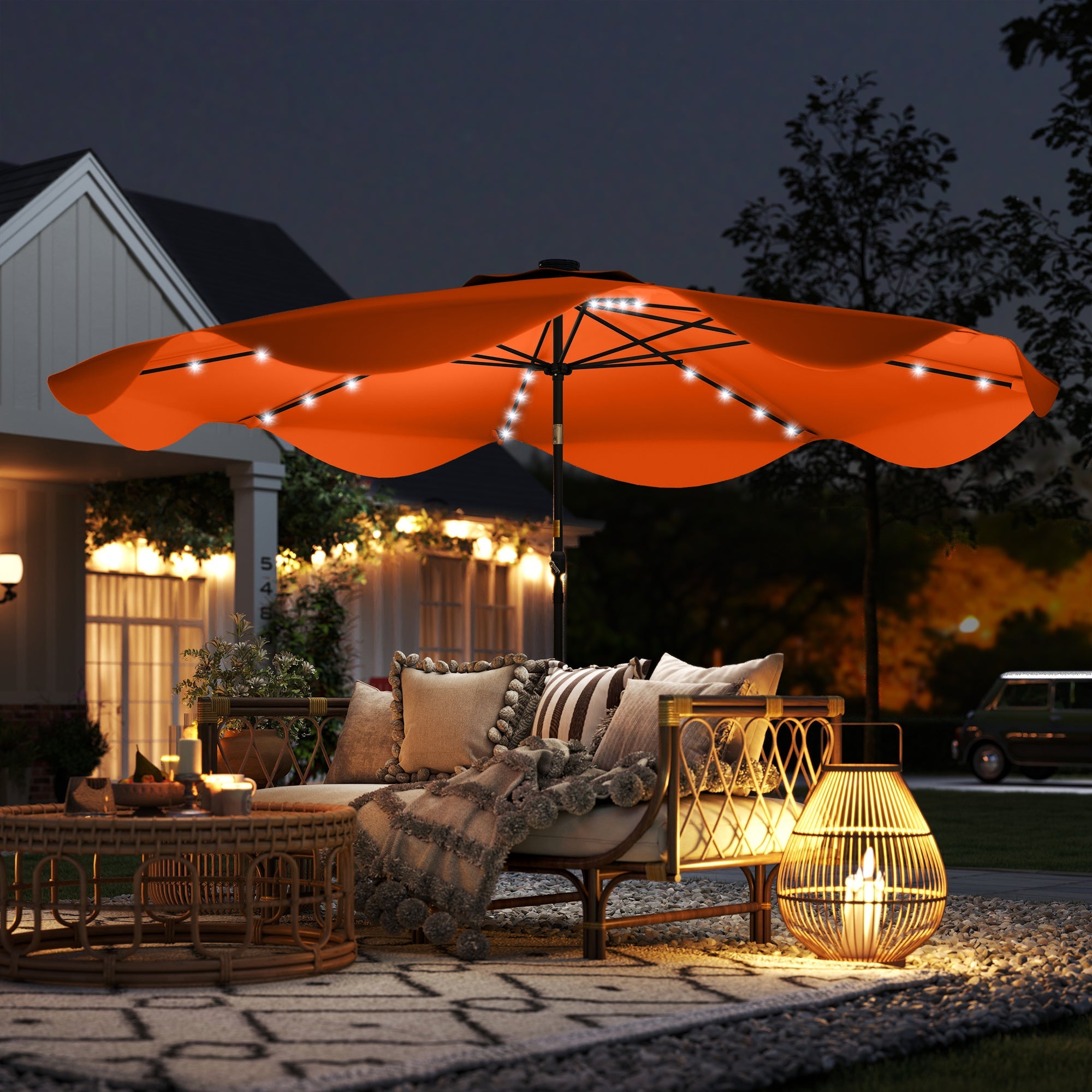 Outsunny Solar Patio Umbrella with LED and Tilt, Outdoor Market Table Umbrella Parasol with Crank, 3 x 3 (m), Orange