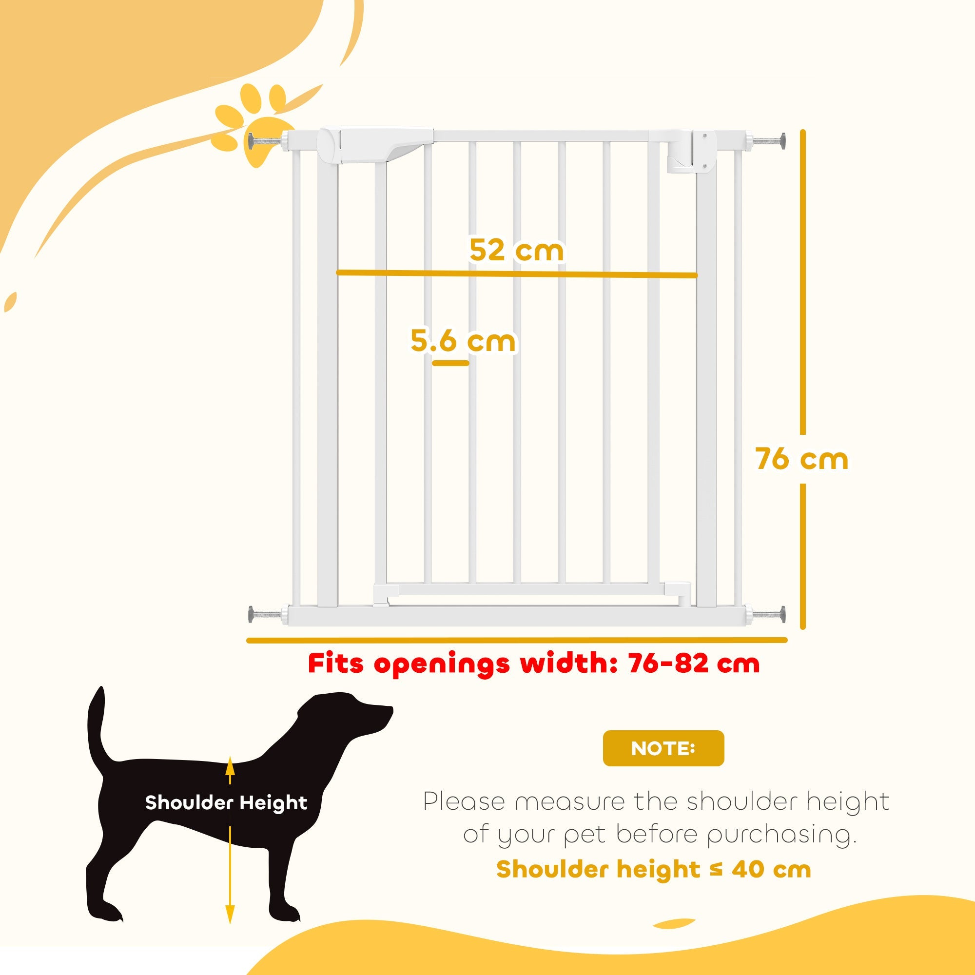 PawHut Baby Gate, Pet Safety Gate Pressure Fit, 76-82cm Wide with Two-Way Open, One-Hand Opening