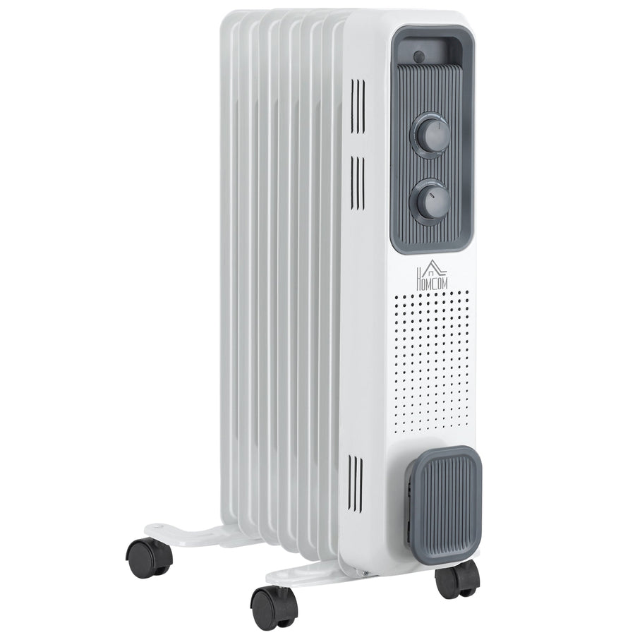 HOMCOM 1500W Oil Filled Radiator, Portable Electric Heater with 3 Heat Settings, Safety Cut-Off and Wheels, White