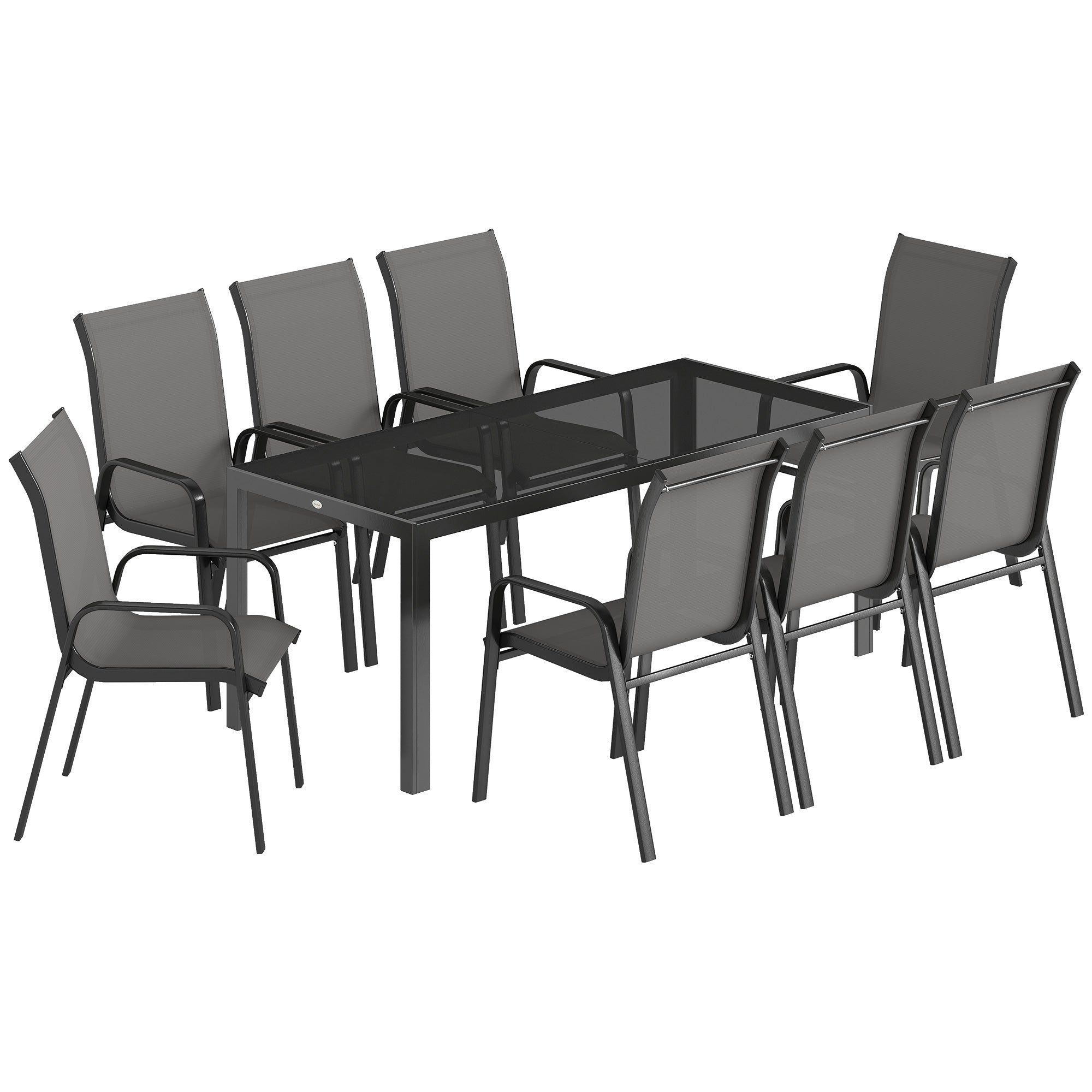 Outsunny 9 Pieces Garden Dining Set, Outdoor Table and Chairs Set for 8, Garden Furniture Set with Tempered Glass Top, Dark Grey