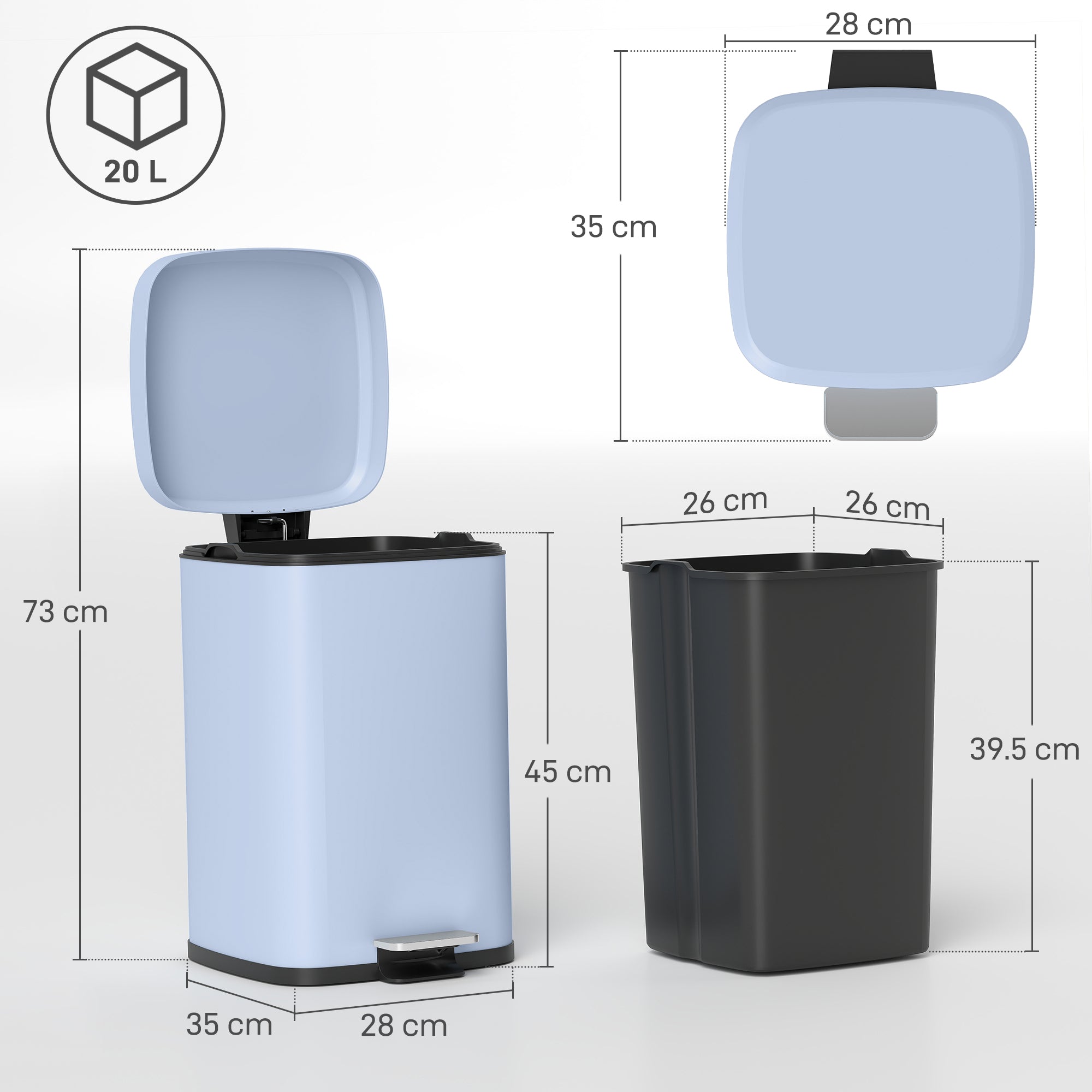 HOMCOM 20L Modern Boxy Metal Home Kitchen Bin - Light Blue