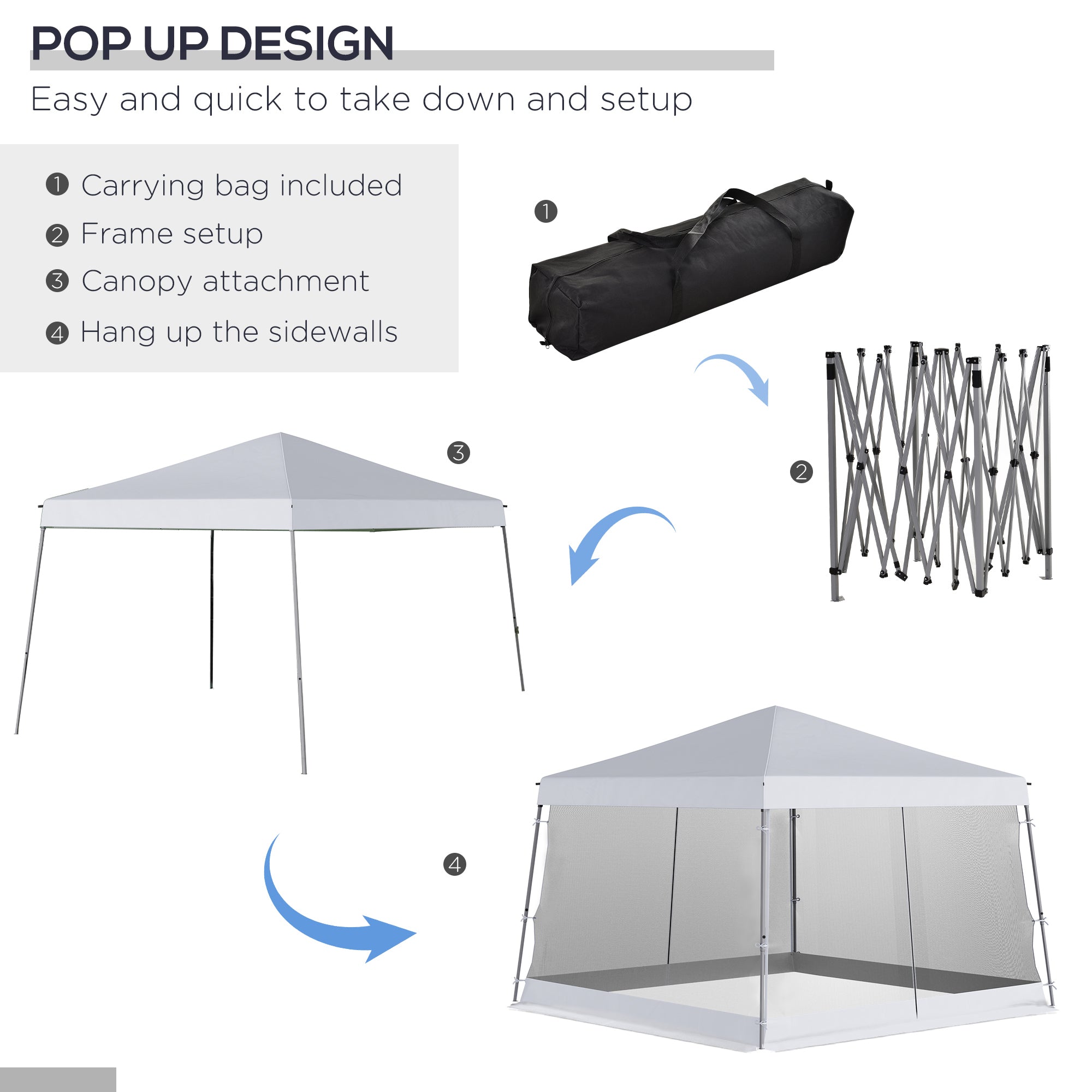 Outsunny Outdoor Garden Pop-up Gazebo Canopy Tent Sun Shade Event Shelter Folding with Adjustable Height, Mesh Screen Side Walls 3.5 M √É‚Äî 3.5 M Base / 3 M √É‚Äî 3 M Top, White