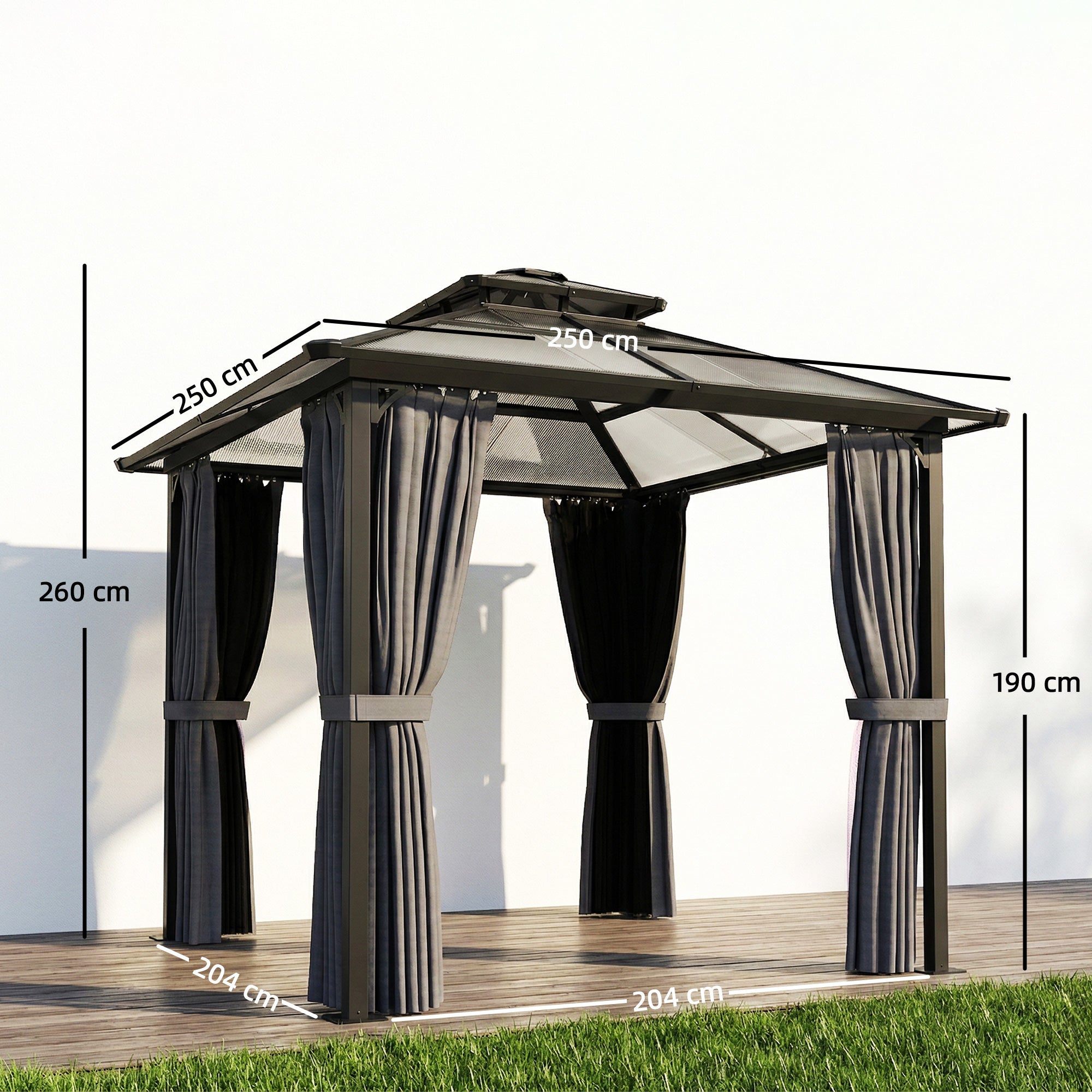 Outsunny 2.5 x 2.5 m Hardtop Gazebo Canopy with Double PC Roof, Drainage Gutters, Garden Gazebo Permanent Pavilion, Dark Grey