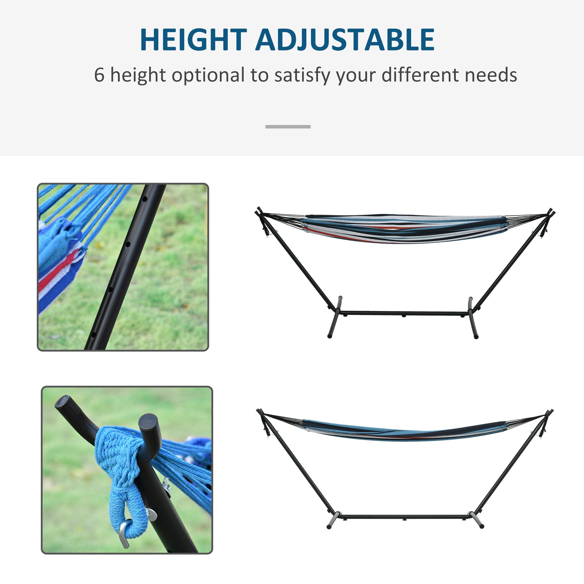 Outsunny 298 x 117cm Hammock with Stand Camping Hammock with Portable Carrying Bag, Adjustable Height, 120kg Load Capacity, Blue and White Stripe