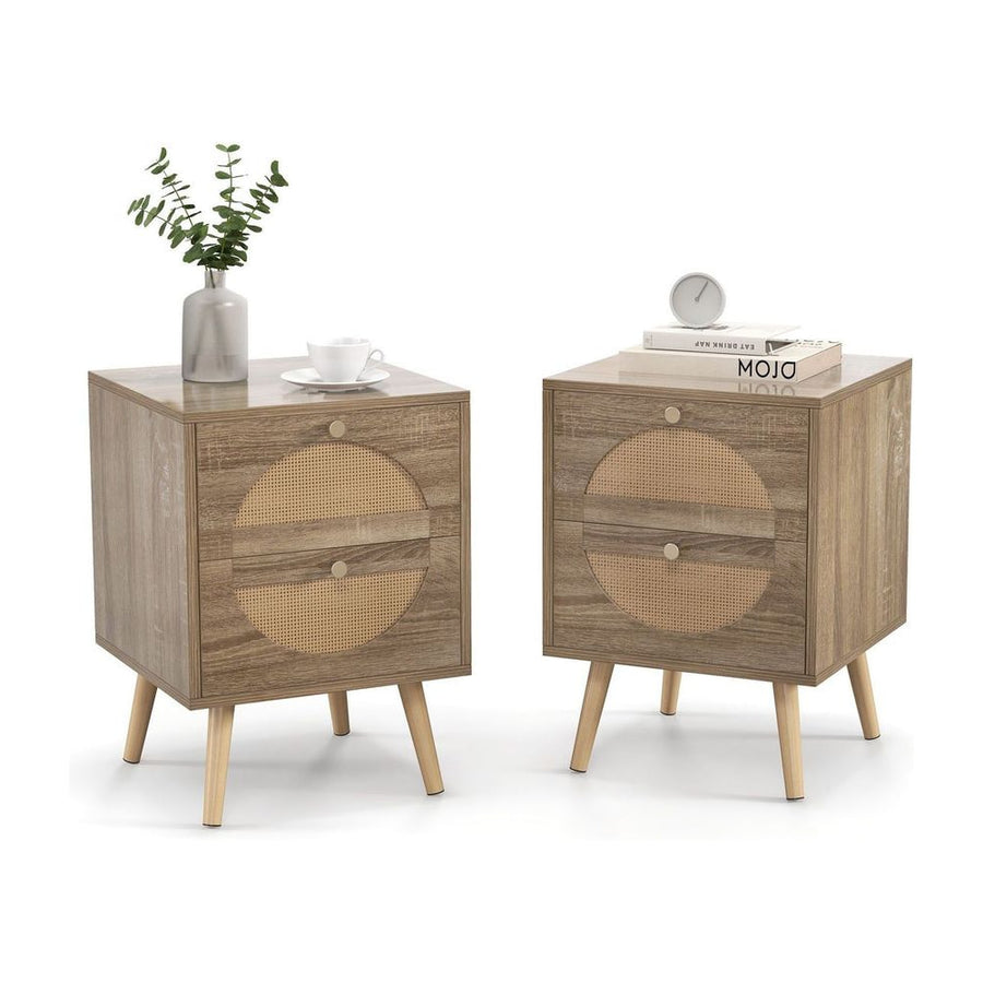 2Pcs Bohemian Style Rattan Nightstand with 2 Drawers-Natural