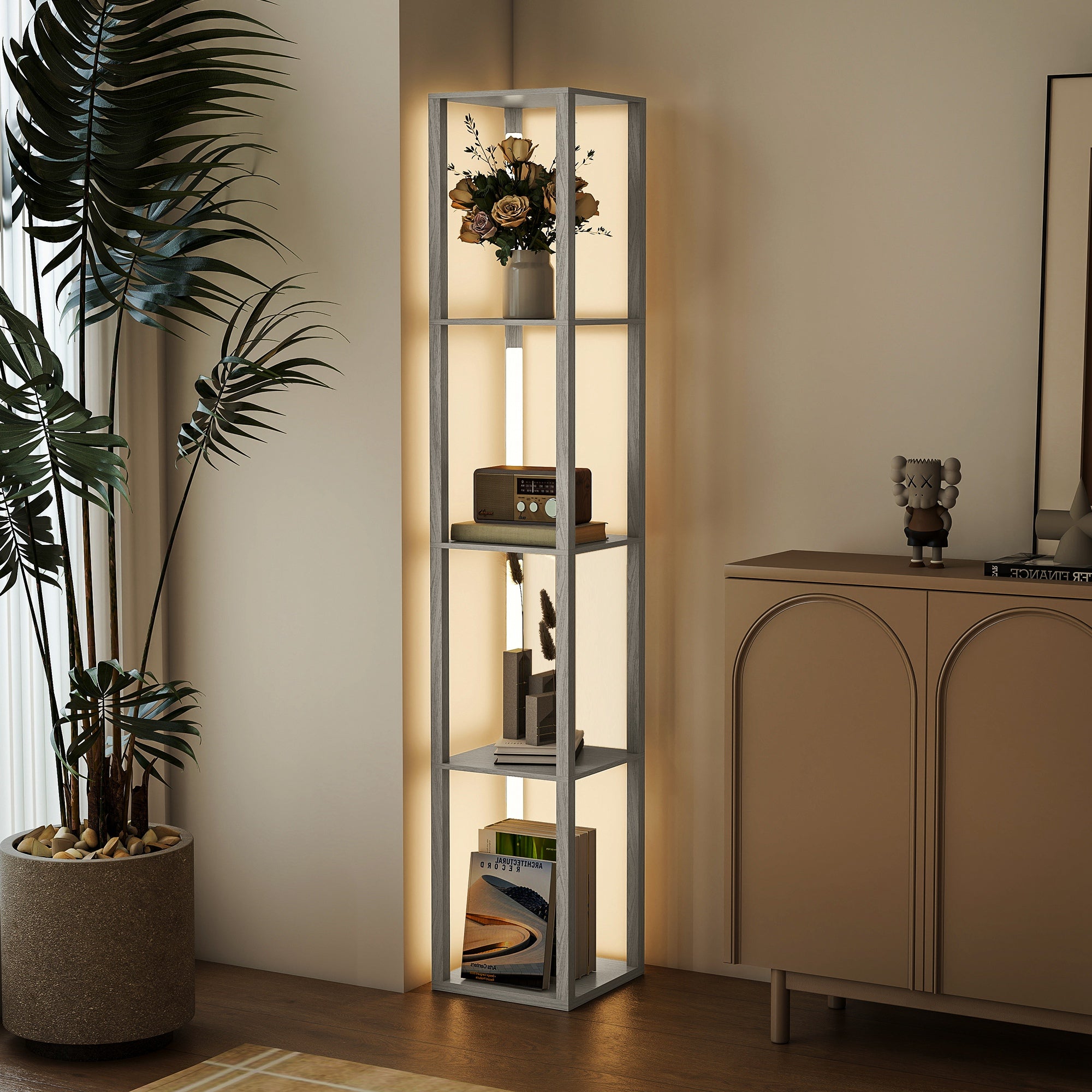 HOMCOM Floor Lamp with Shelves and 3 Brightness Levels - Oak