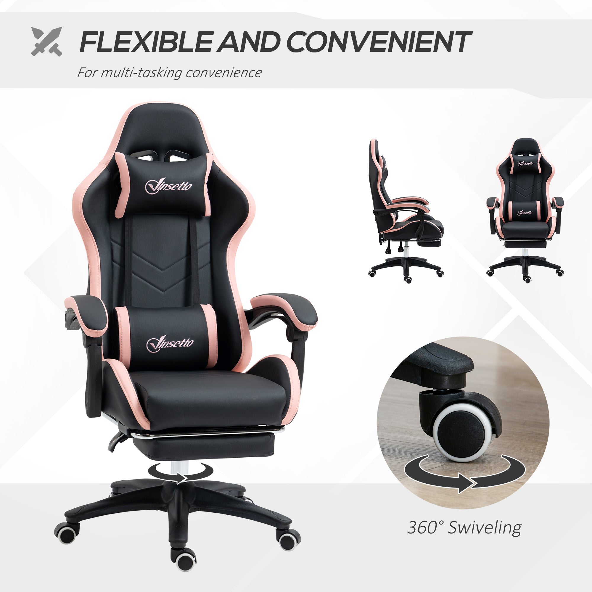 Vinsetto Computer Gaming Chair, PU Leather Office Desk Chair with Footrest, Swivel Wheels, 135√Ç¬∞ Reclining Back, Lumbar Support, Headrest for Home, Black and Pink
