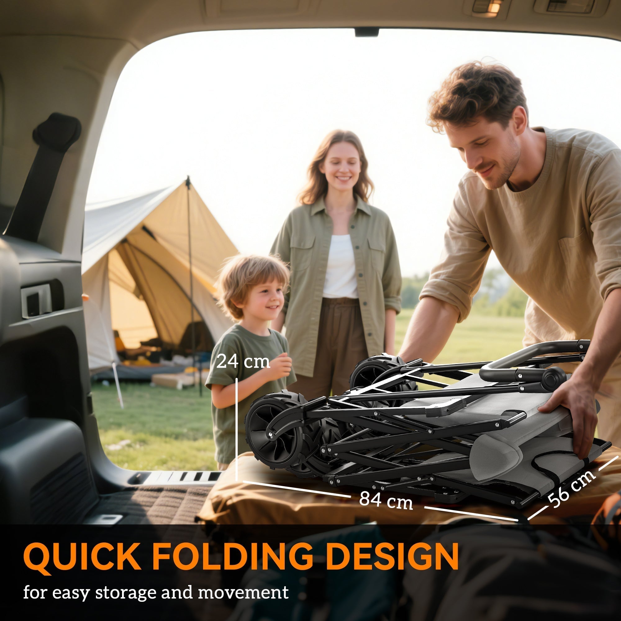 Outsunny Folding Trolley Cart Storage Wagon Beach Trailer 4 Wheels with Handle Overhead Canopy Cart Push Pull for Camping, Grey