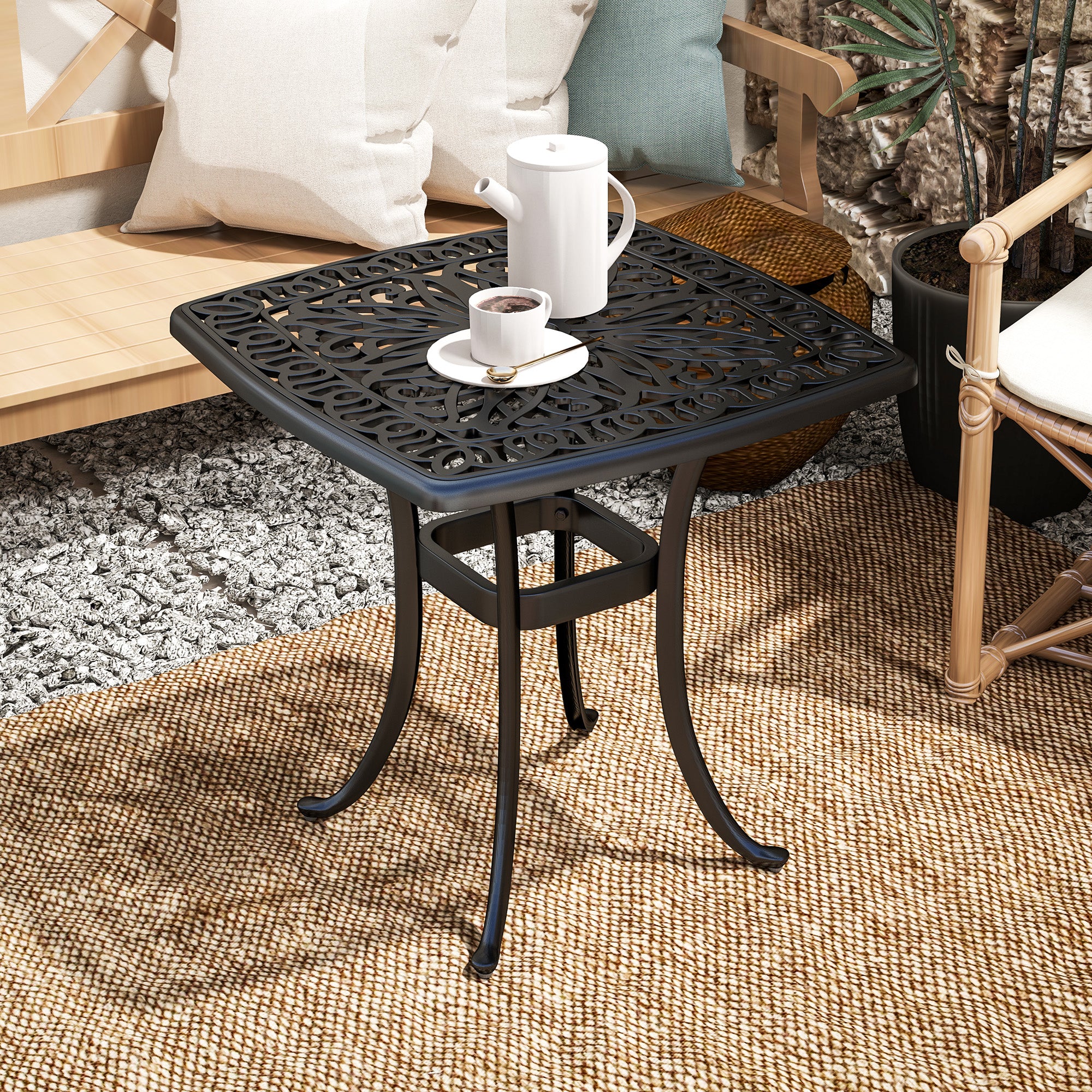 Outsunny Outdoor Garden Table with 38mm Dia. Umbrella Hole, Cast Aluminium Patio End Table with Anti-slip Foot Pads for Garden, Patio, Balcony, 54 x 52.5cm, Black