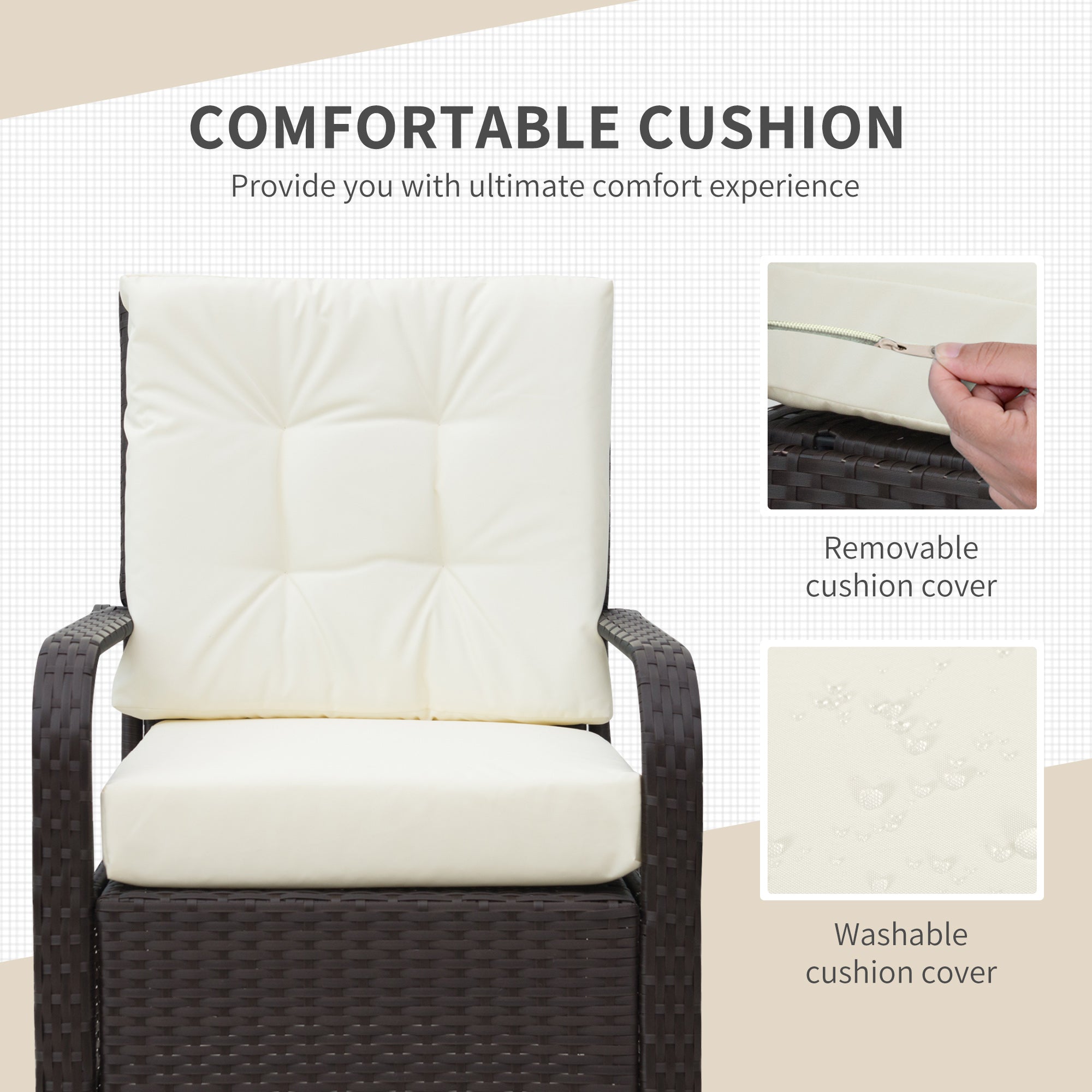 Outsunny 3 Pieces Rattan Bistro Set with Furniture Cover, Wicker Garden Furniture Set, Glass Top Coffee Table and Chairs with Cushions for Outdoor, Patio, Balcony, Cream White