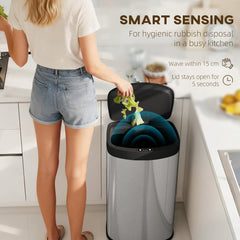 HOMCOM 55L Sensor Bin with Soft-Close Lid, Automatic Touchless Motion Sensor Kitchen Bin with Fingerprint Resistant Stainless Steel for Hygienic Gyms, Home Office Use, Silver Tone