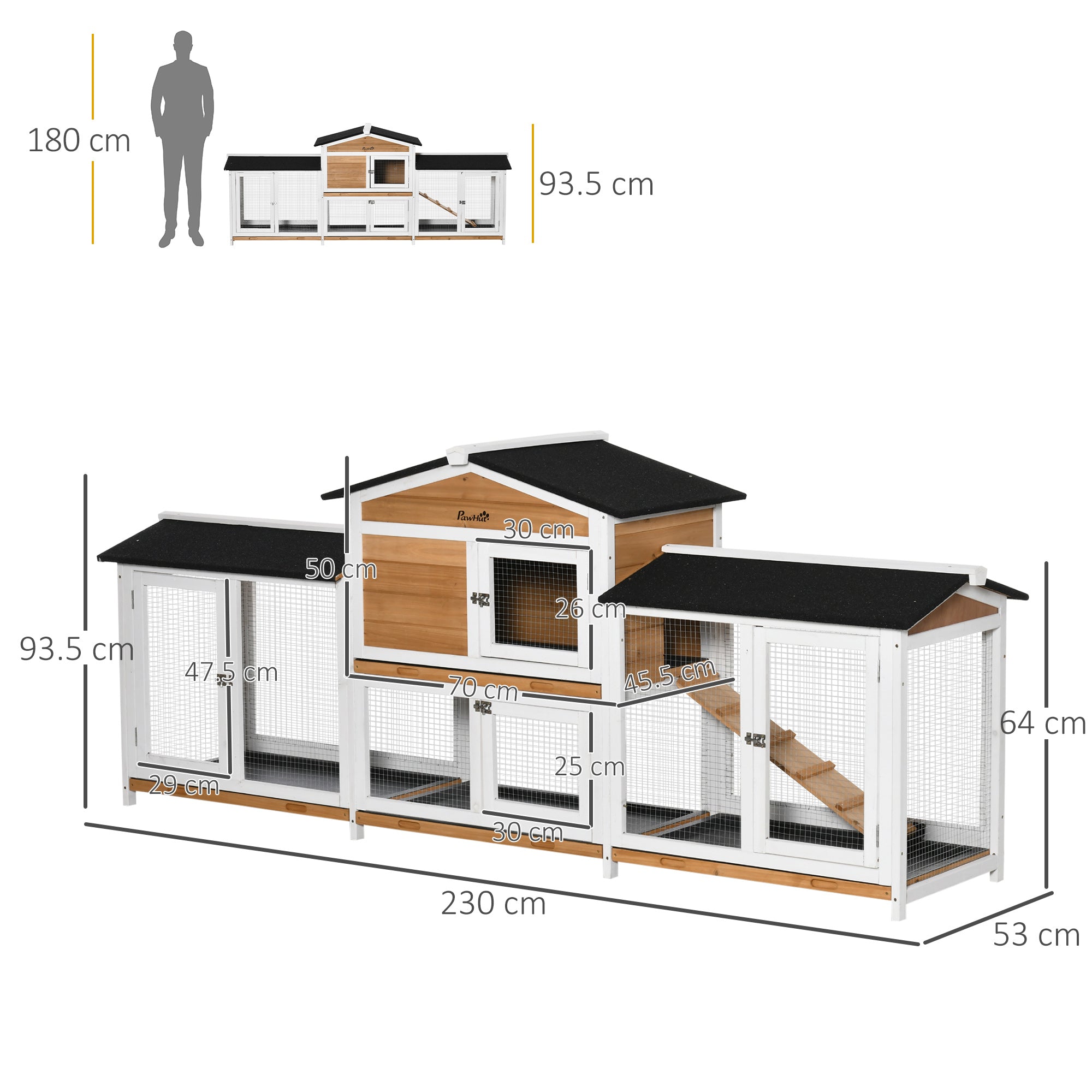 PawHut 2-Tier Large Rabbit Hutch Outdoor with Double Side Run Boxes, No-leak Plastic Tray, Ramp, 230 x 53 x 93.5cm, White