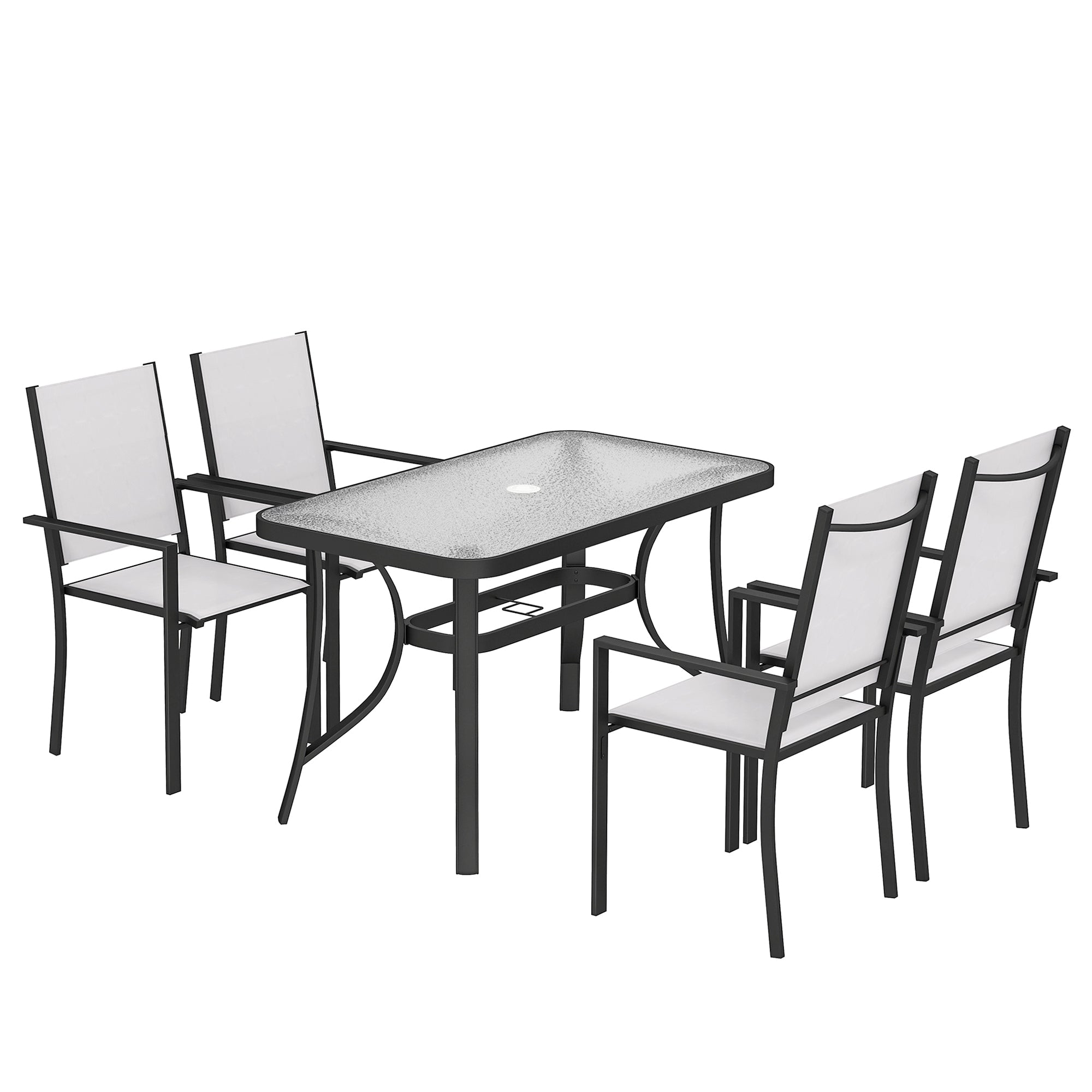 Outsunny Garden Dining Set for 4 with Umbrella Hole, Stackable Chairs and Rectangular Glass-Top Outdoor Table, Light Grey