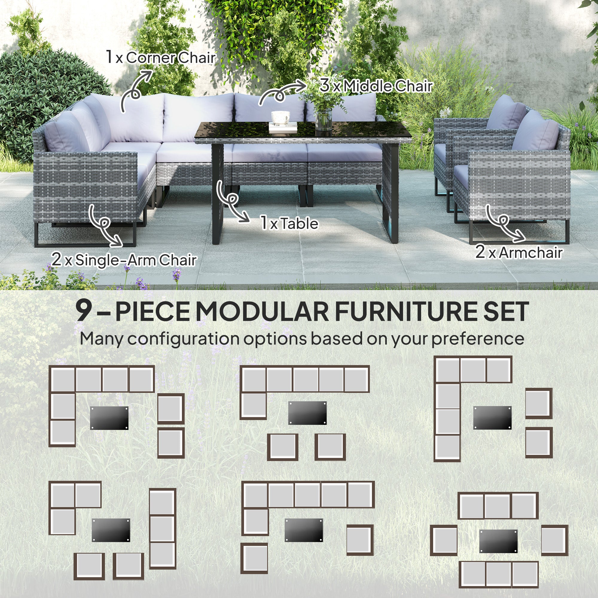 Outsunny 9 Piece Rattan Garden Furniture Set, 8 Seater Garden Corner Sofa with Cushions and Glass Top Table, Sectional Outdoor Furniture Conservatory Set for Patio, Light Grey